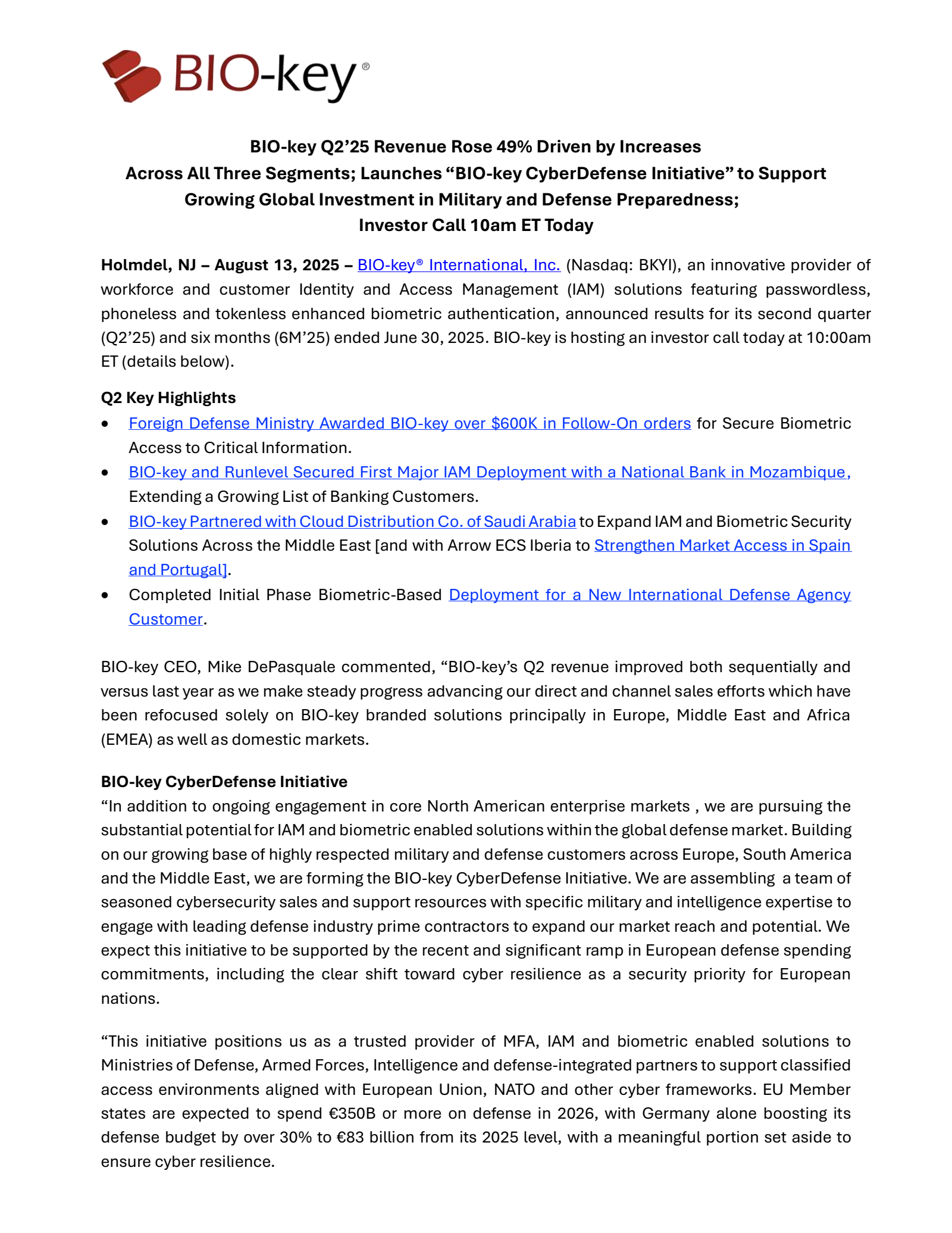 BIO-key International's Q2 2025 Press Release