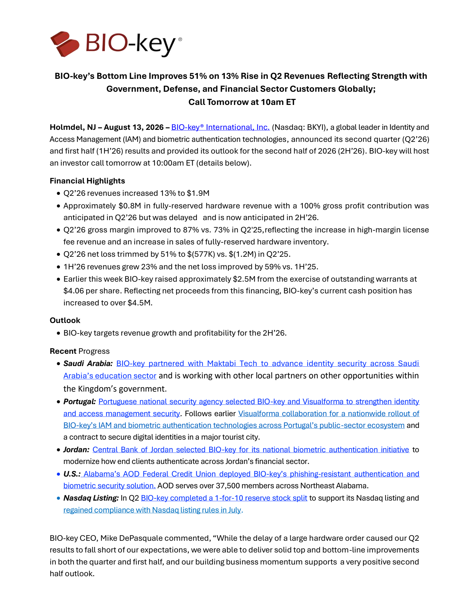 BIO-key International's Q2 2026 Press Release