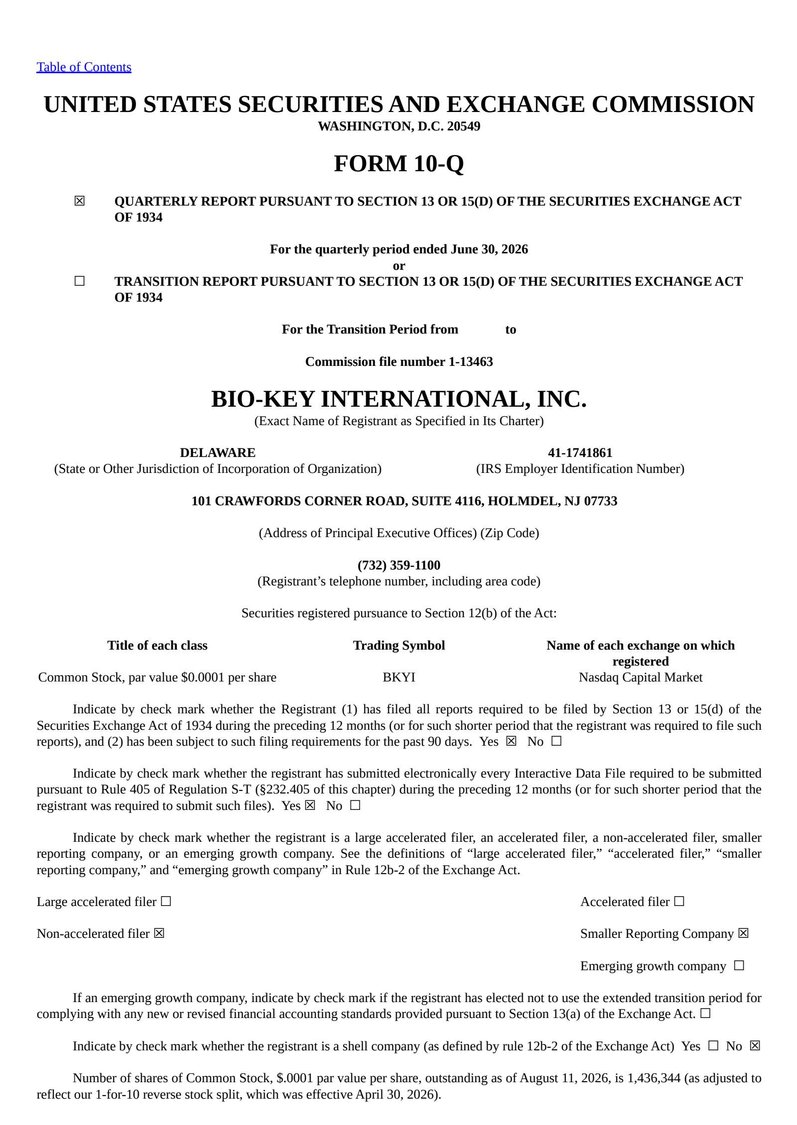 BIO-key International's Q2 2026 Quarterly report