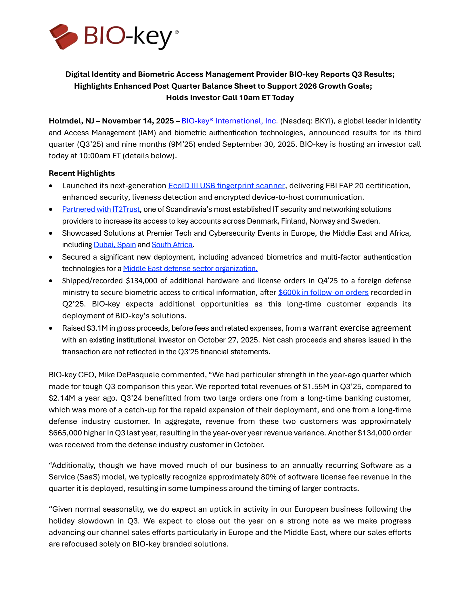 BIO-key International's Q3 2025 Earnings Release