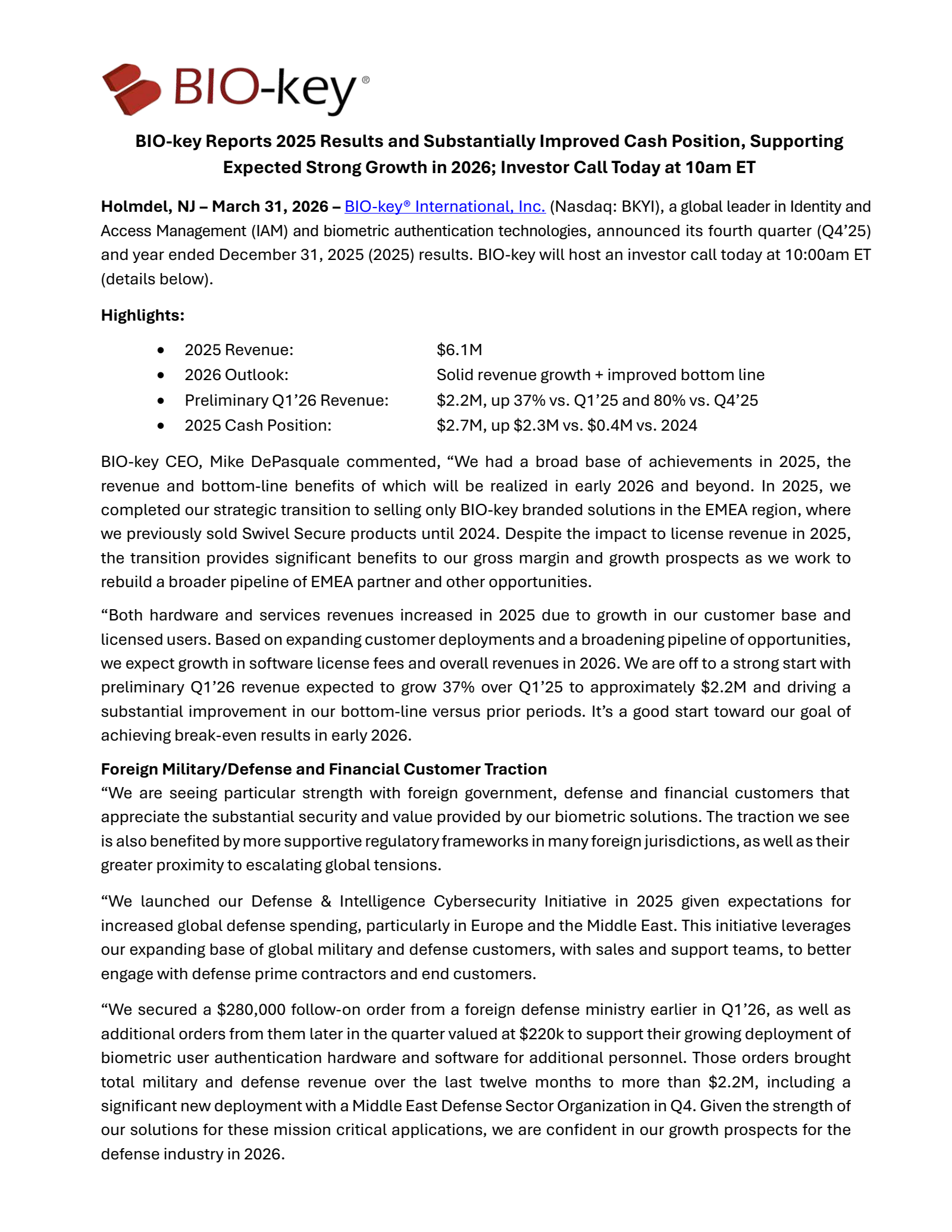 BIO-key International's Q4 2025 Press Release