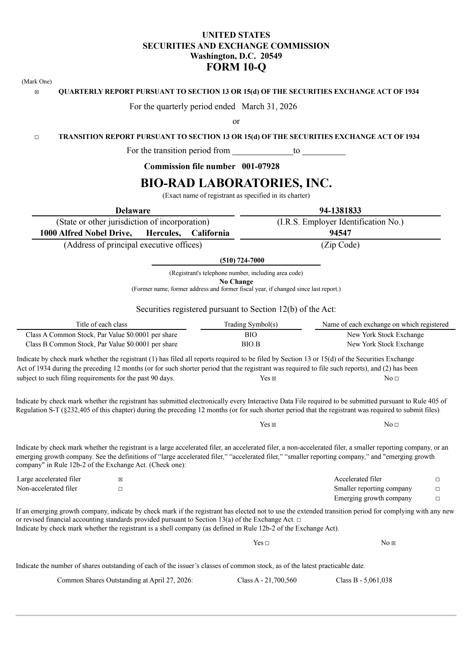 Bio-Rad Laboratories' Q1 2026 Quarterly report