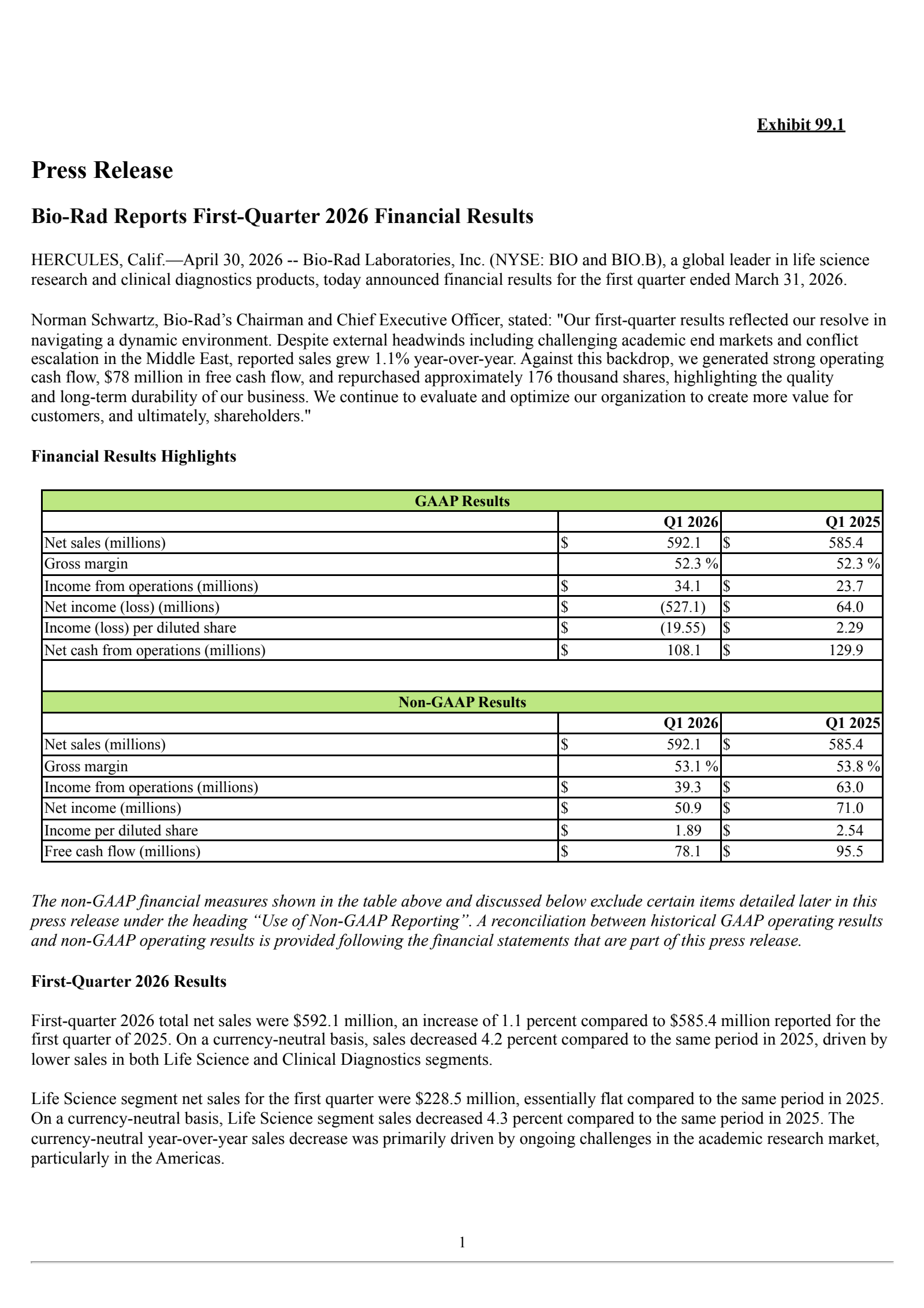 Bio-Rad Laboratories' Q1 2026 Press Release
