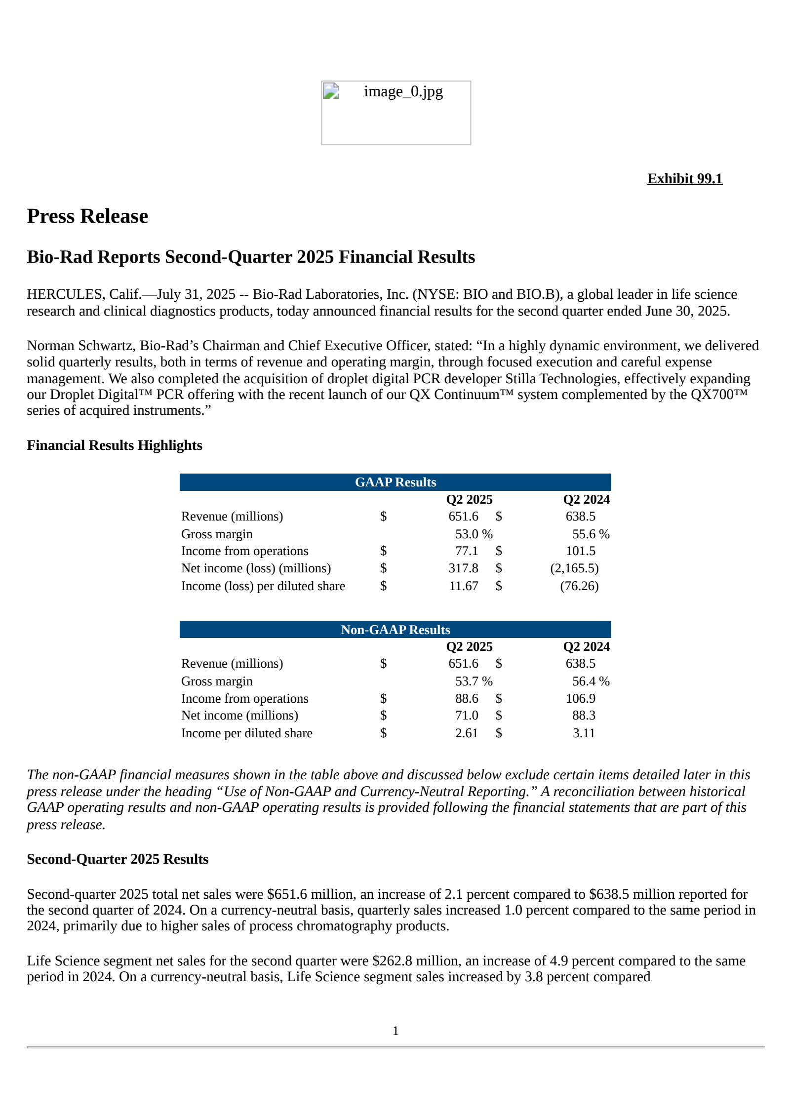 Bio-Rad Laboratories' Q2 2025 Press Release