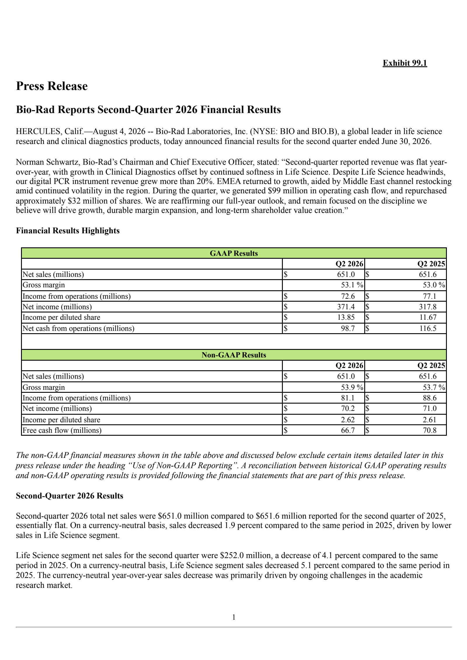Bio-Rad Laboratories' Q2 2026 Press Release