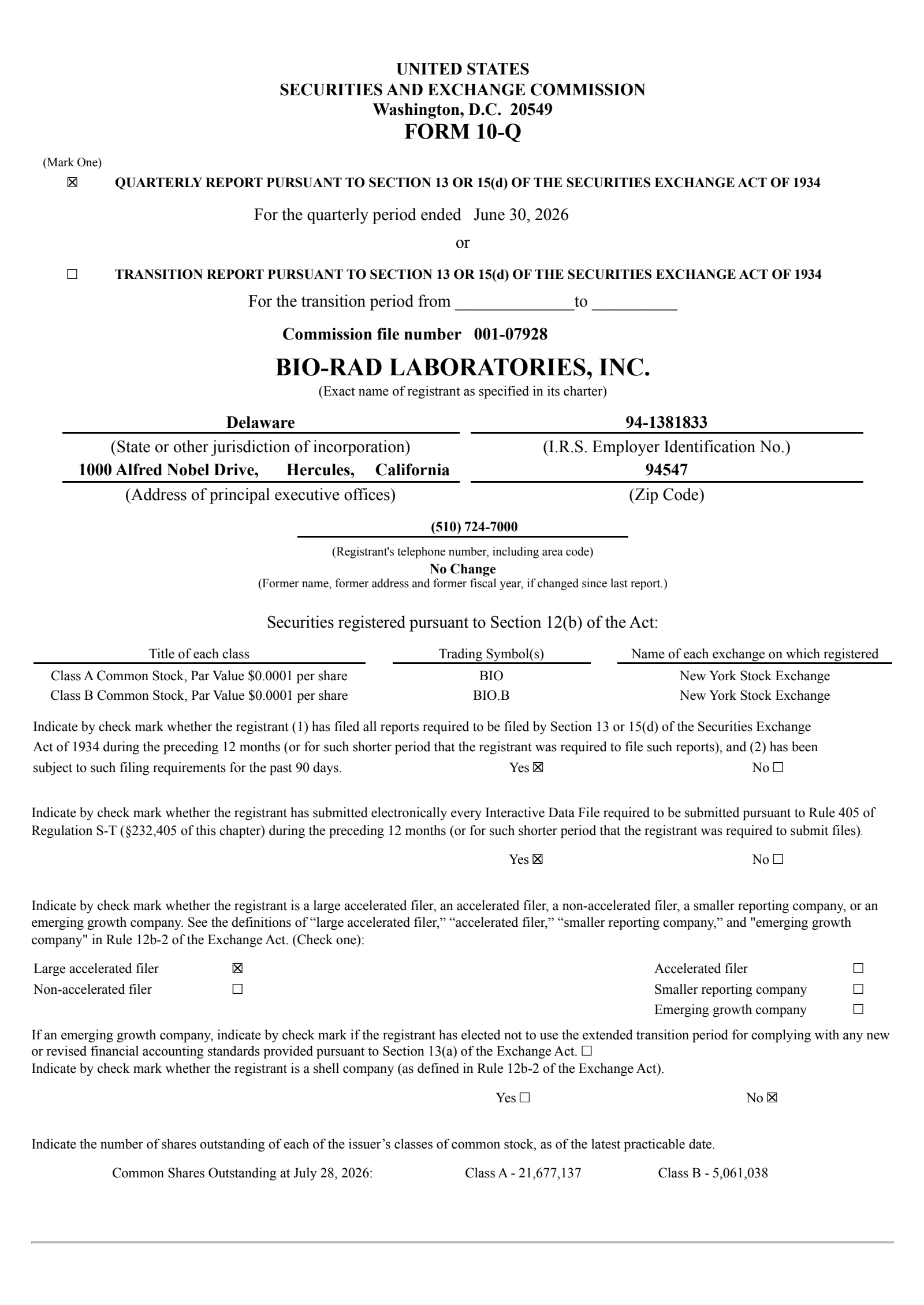 Bio-Rad Laboratories' Q2 2026 Quarterly report