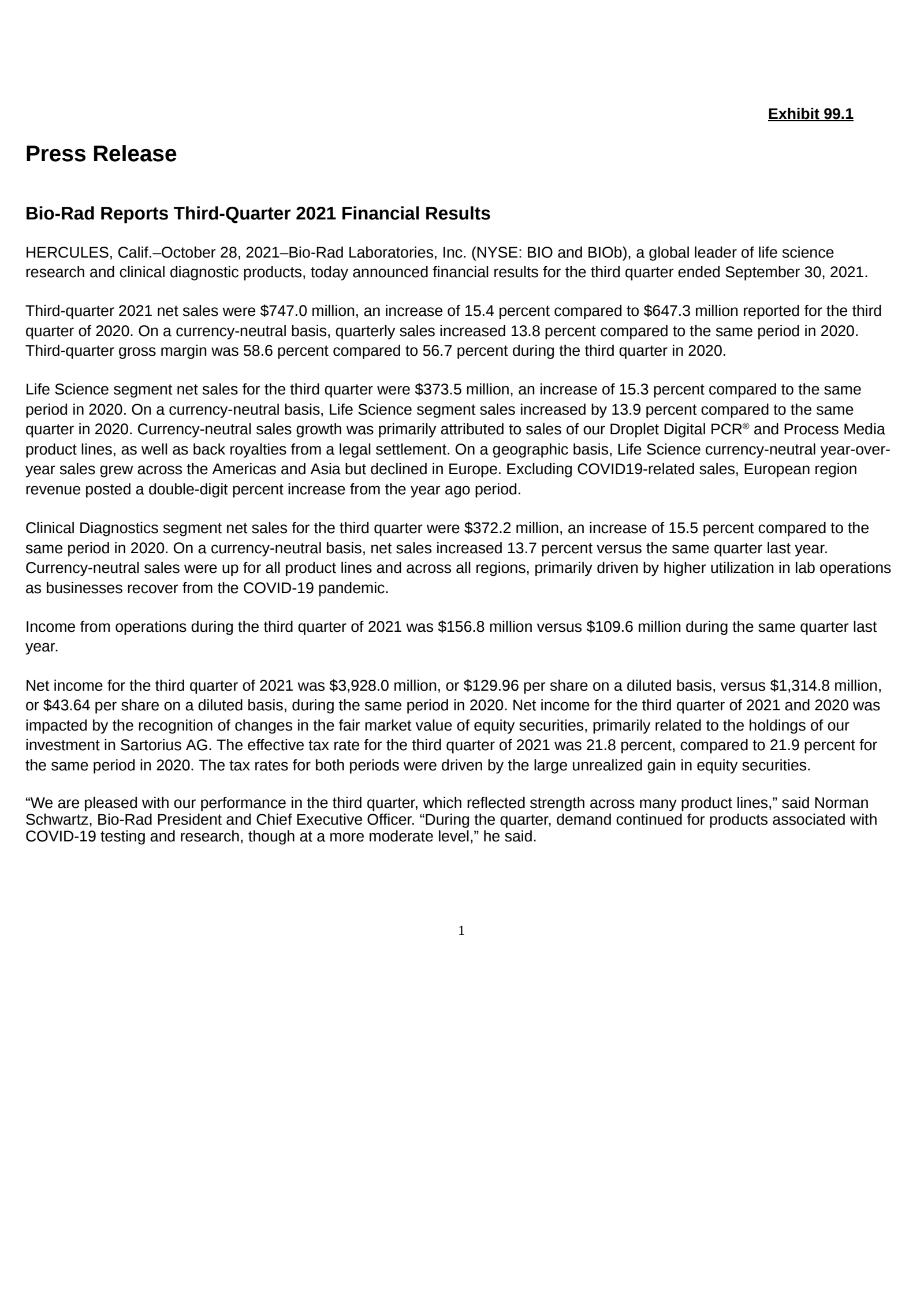 Bio-Rad Laboratories' Q3 2021 Earnings Release