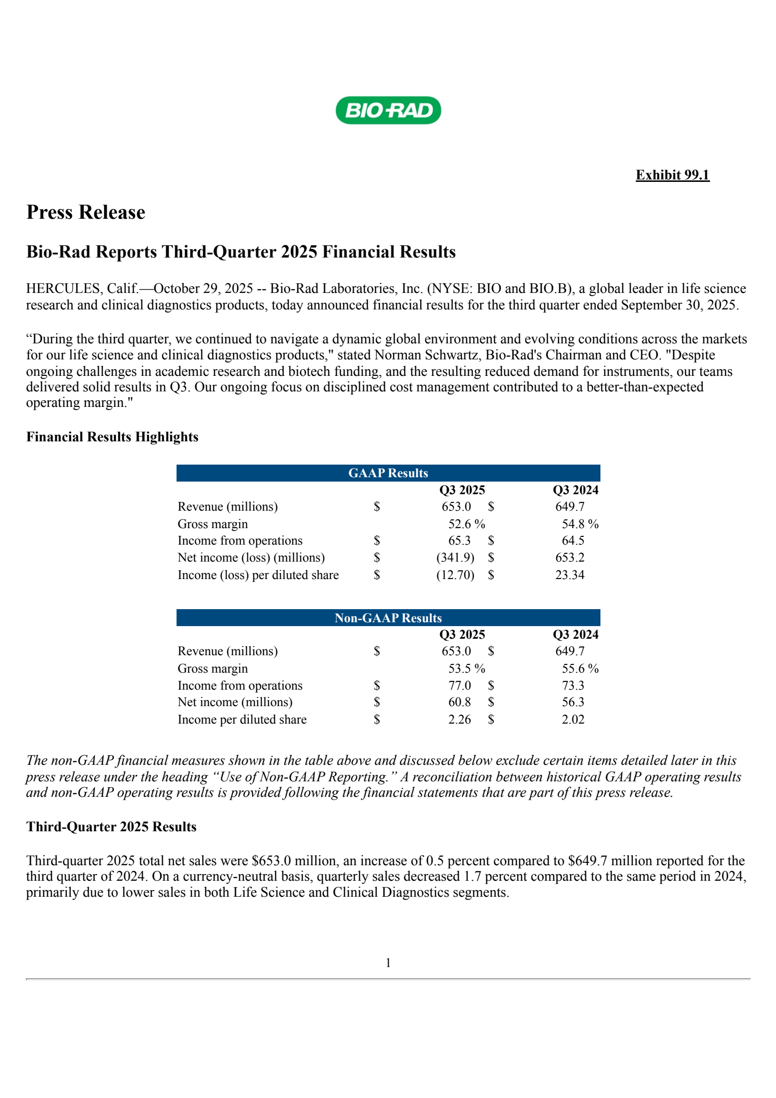 Bio-Rad Laboratories' Q3 2025 Earnings Release