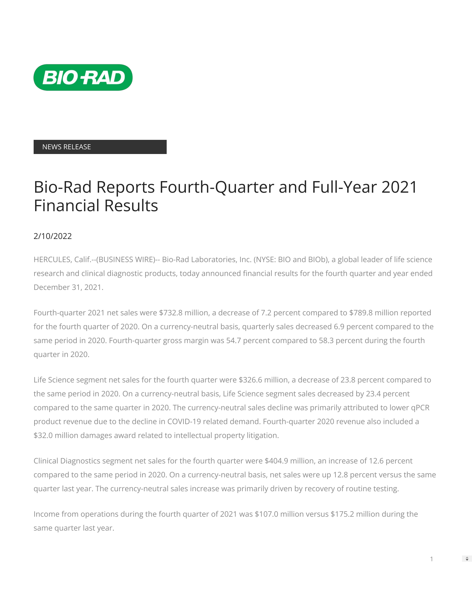 Bio-Rad Laboratories' Q4 2021 Earnings Release