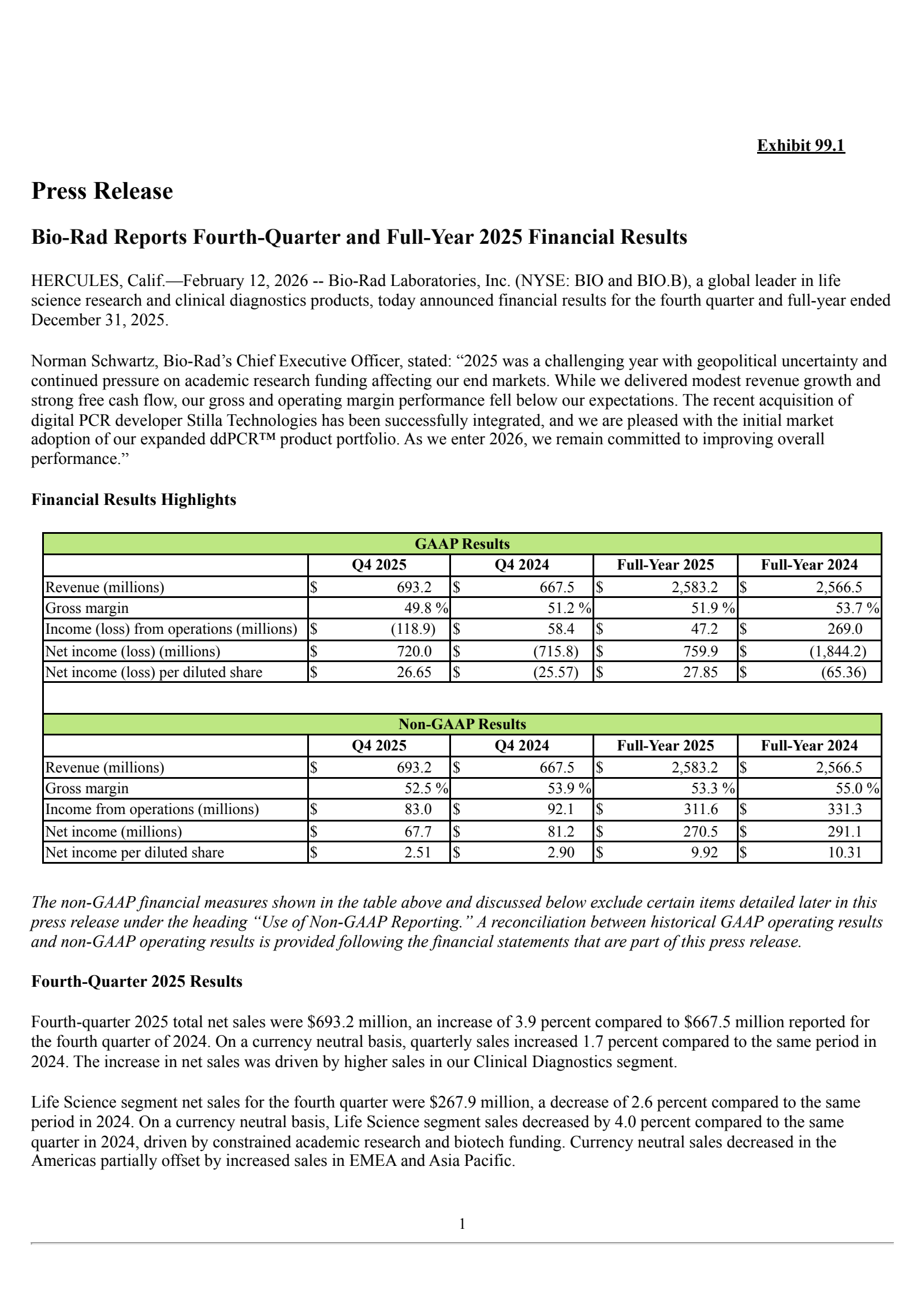 Bio-Rad Laboratories' Q4 2025 Press Release