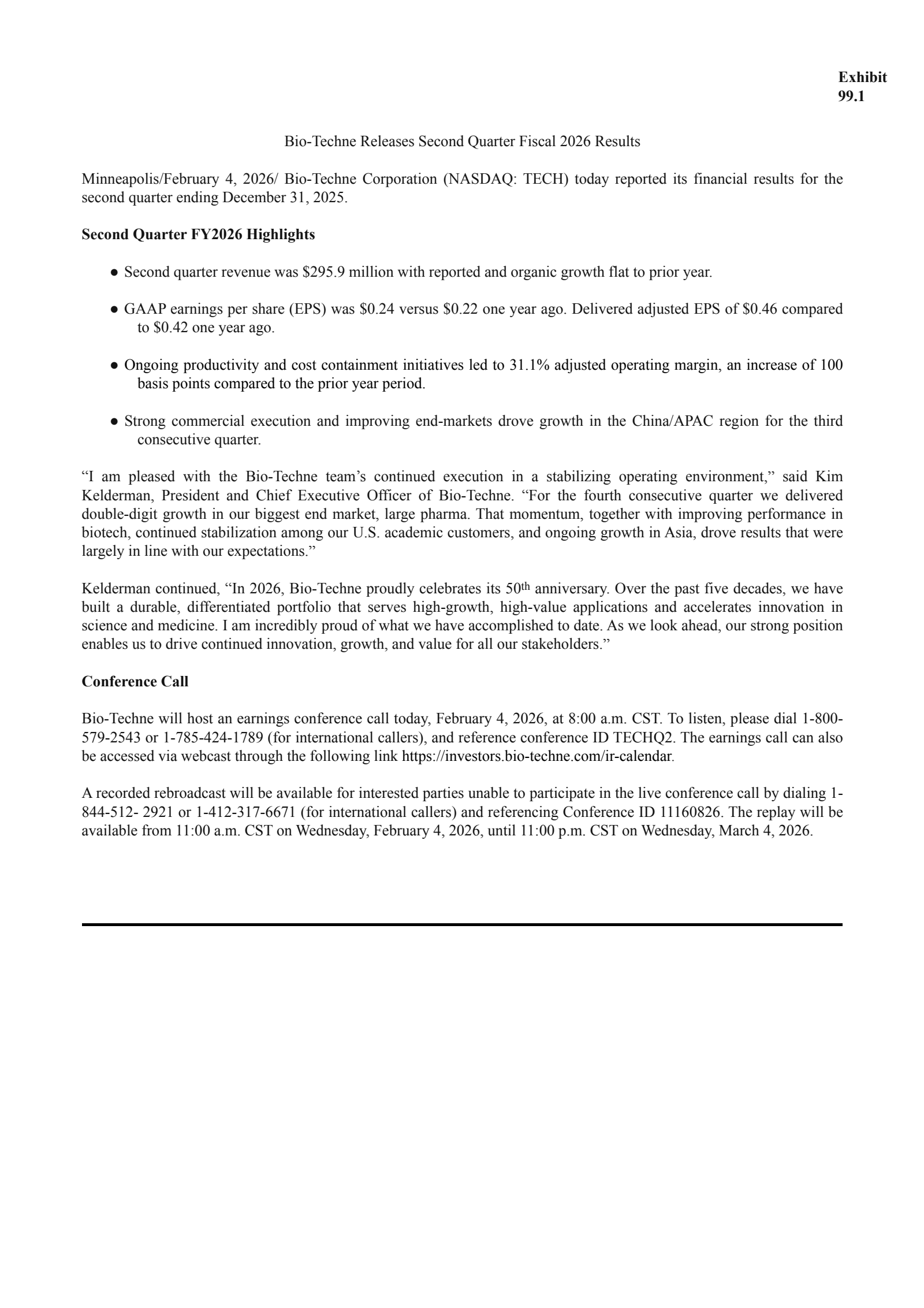 Bio-Techne's Q2 2026 Press Release