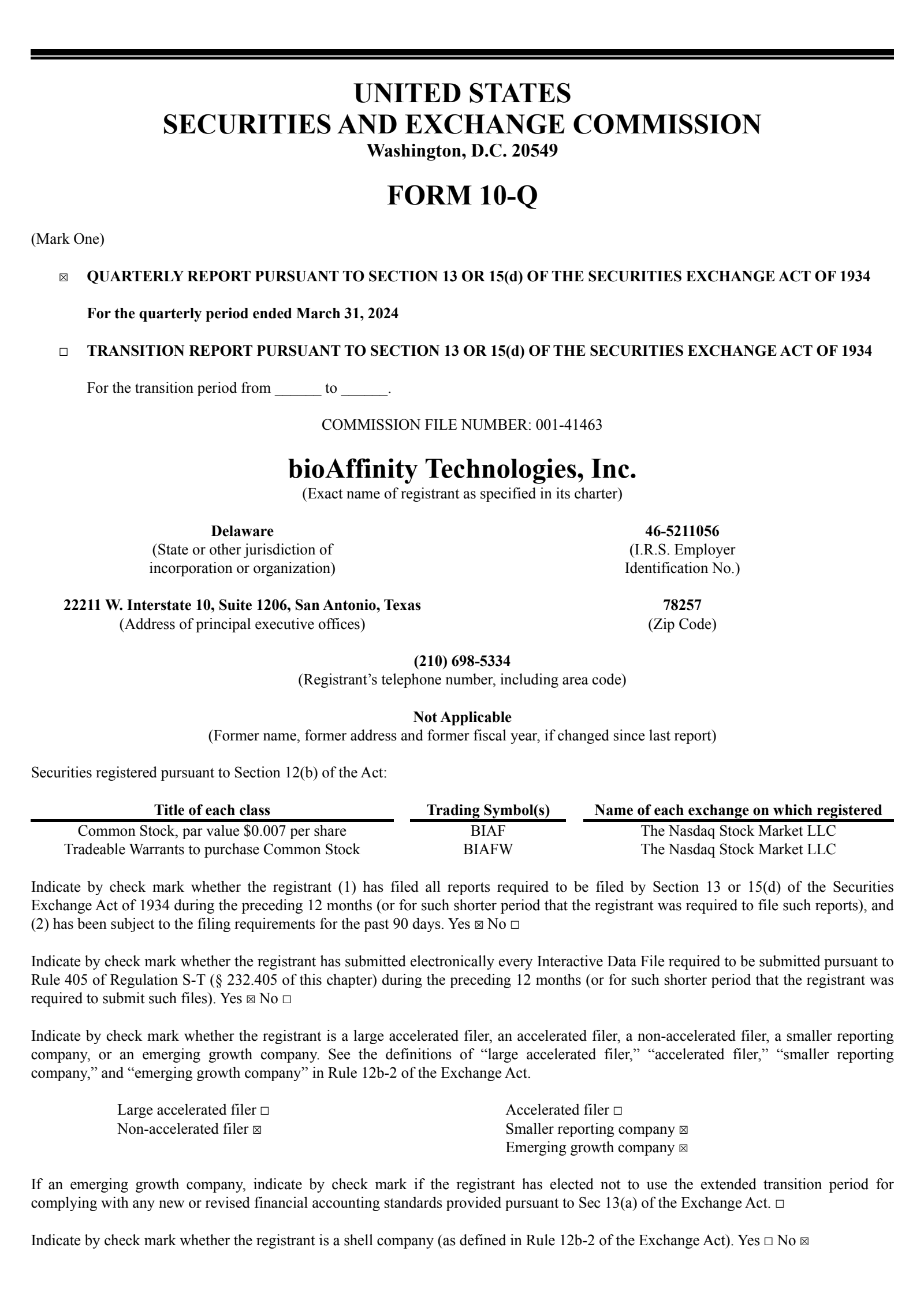 bioAffinity Technologies' Q1 2024 Quarterly report