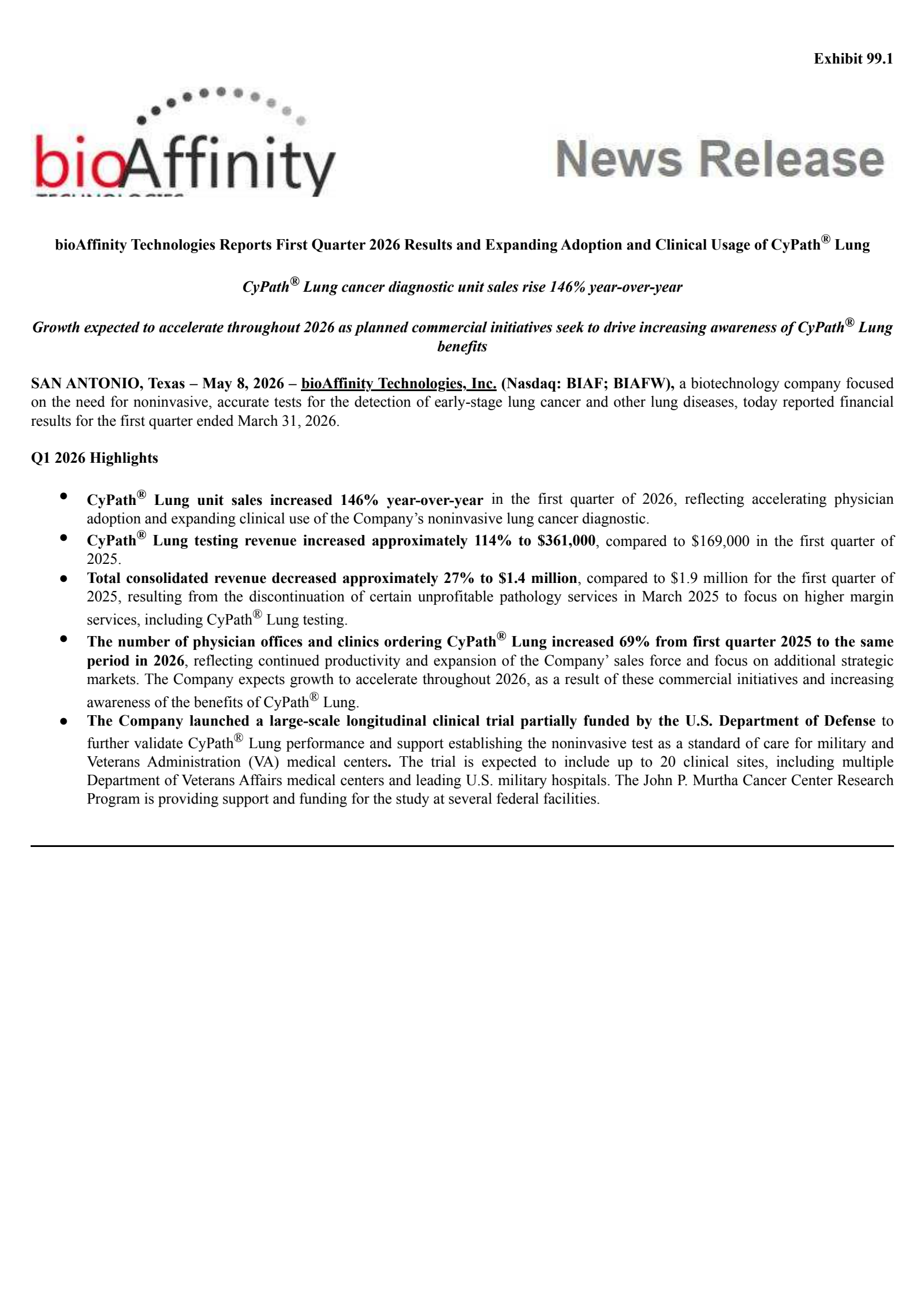 bioAffinity Technologies' Q1 2026 Press Release