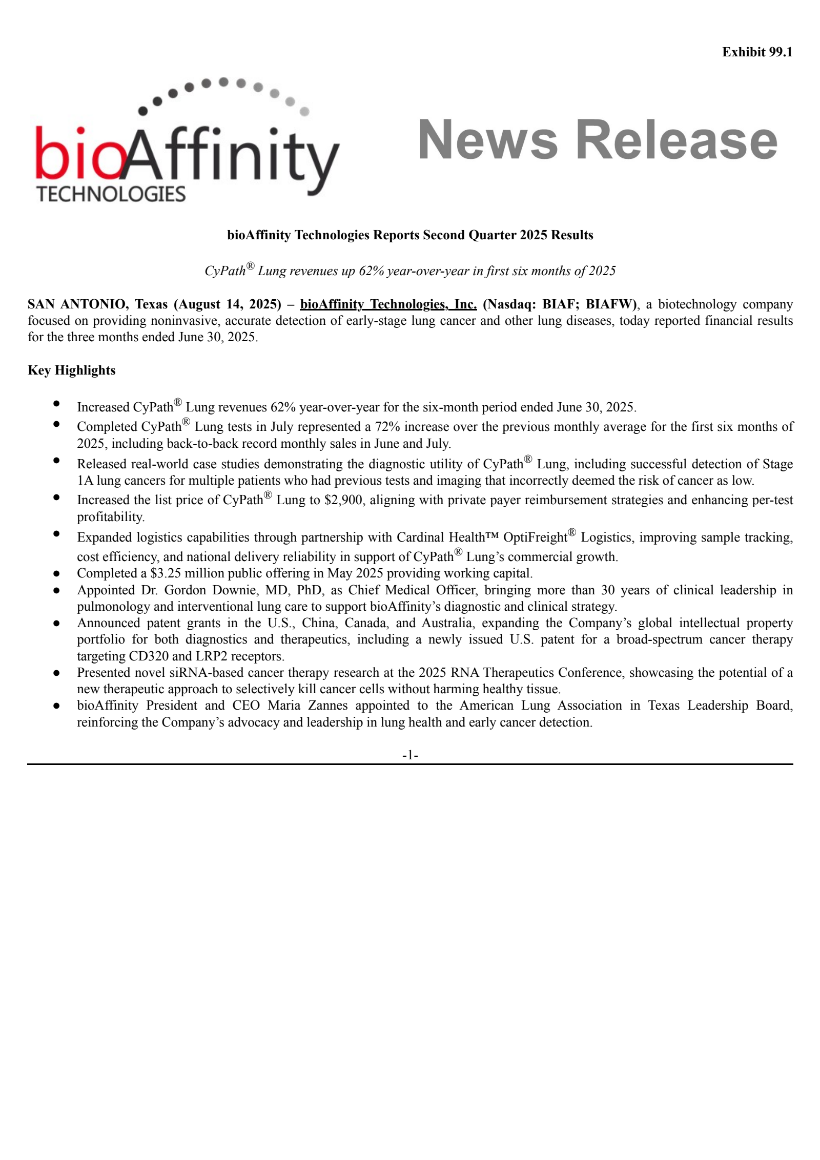 bioAffinity Technologies' Q2 2025 Press Release