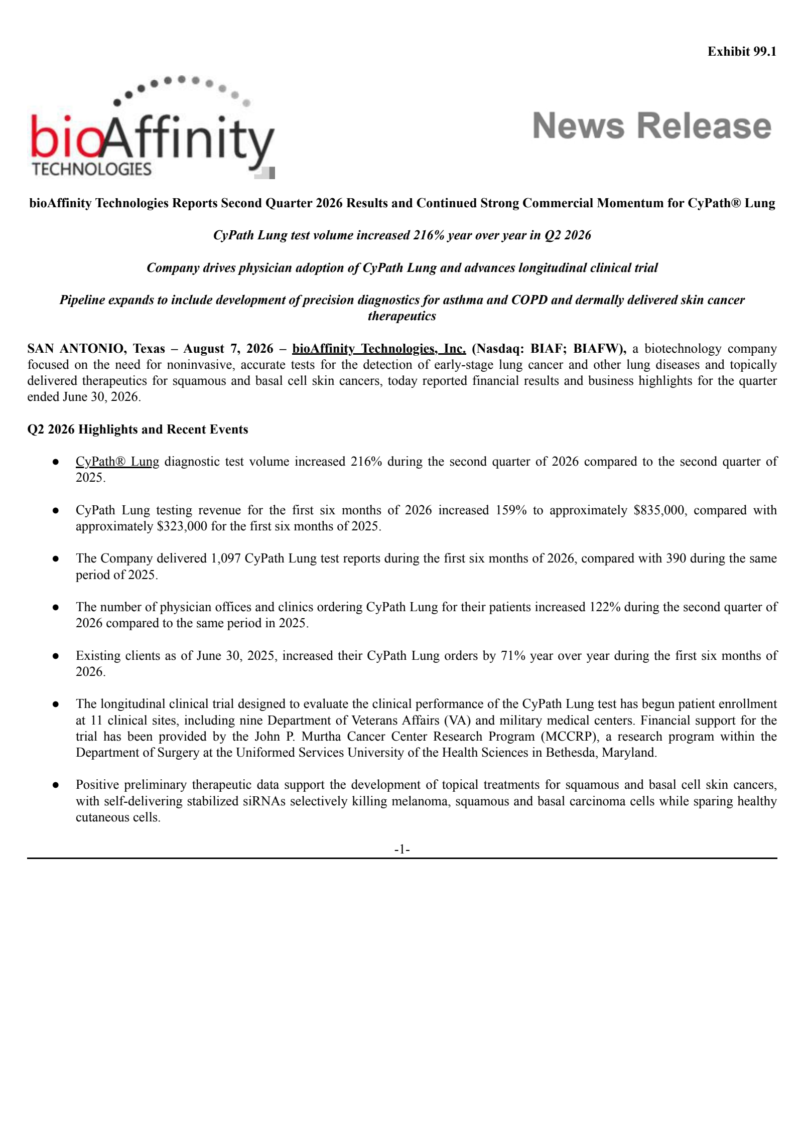 bioAffinity Technologies' Q2 2026 Press Release