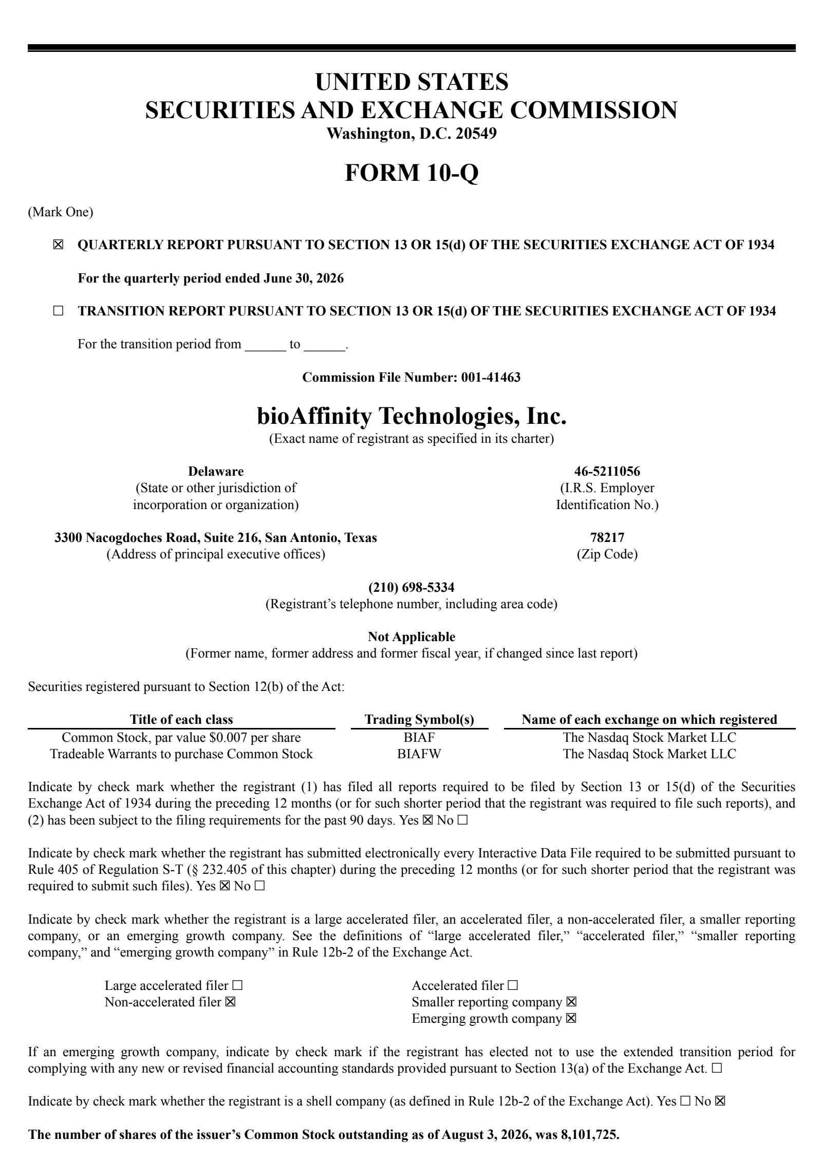 bioAffinity Technologies' Q2 2026 Quarterly report