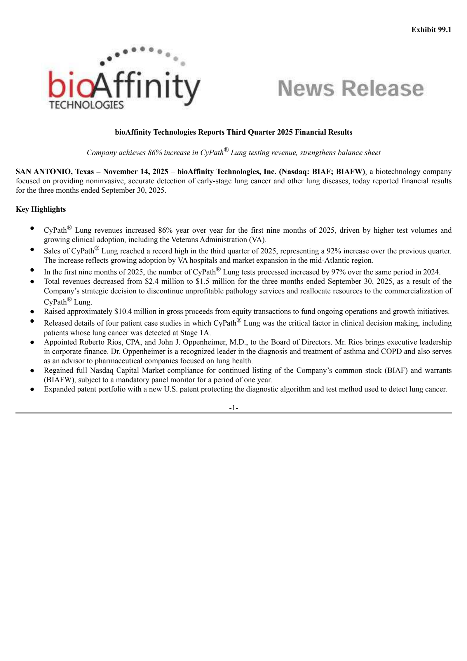 bioAffinity Technologies' Q3 2025 Earnings Release