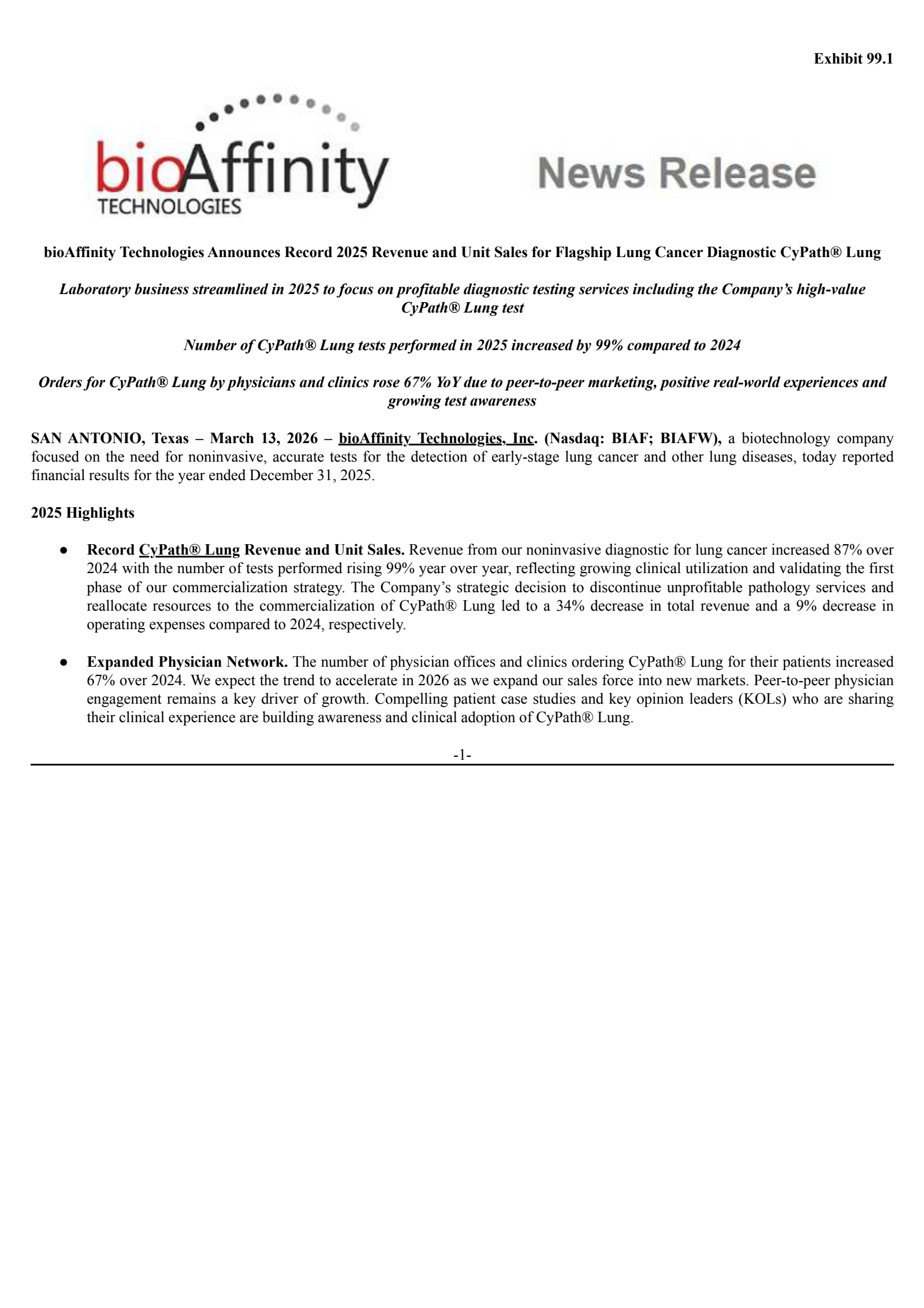 bioAffinity Technologies' Q4 2025 Press Release