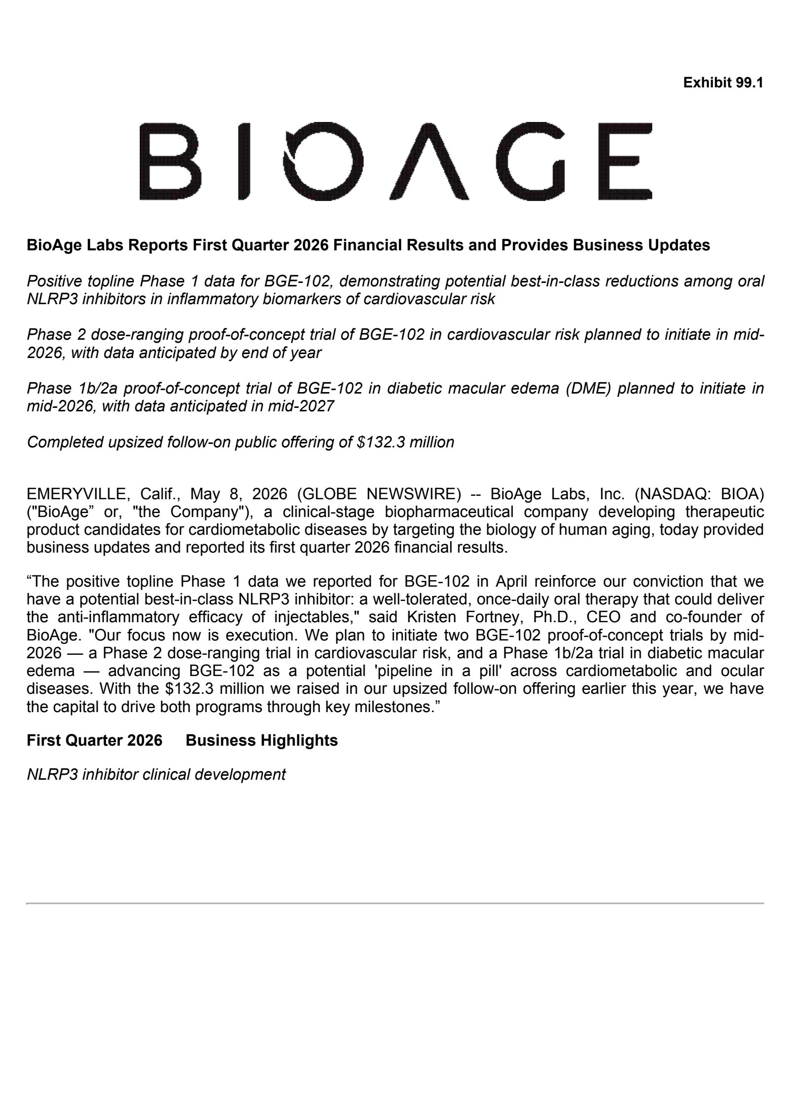 BioAge Labs' Q1 2026 Press Release