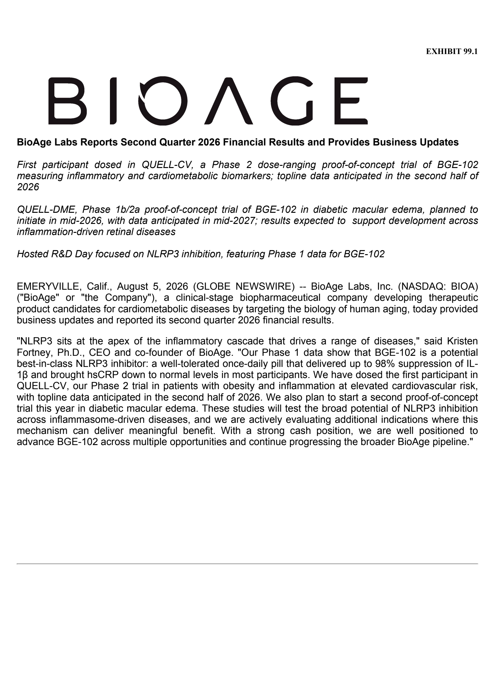 BioAge Labs' Q2 2026 Press Release