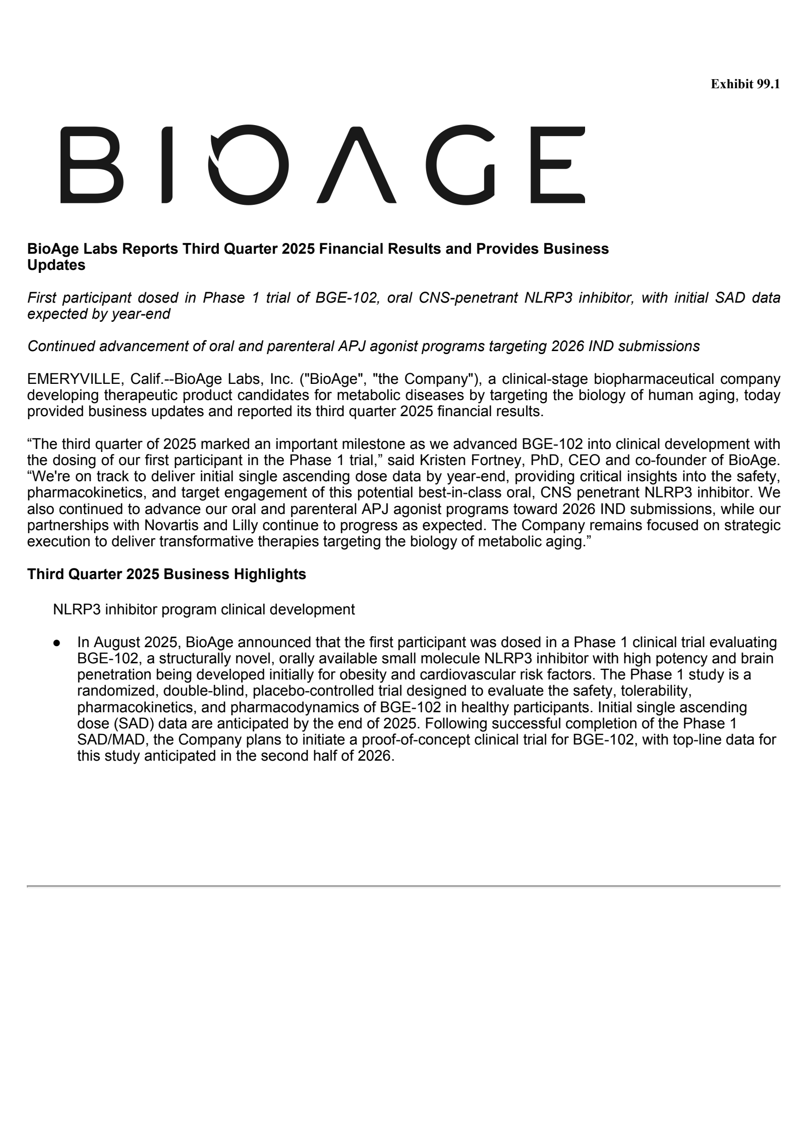 BioAge Labs' Q3 2025 Earnings Release