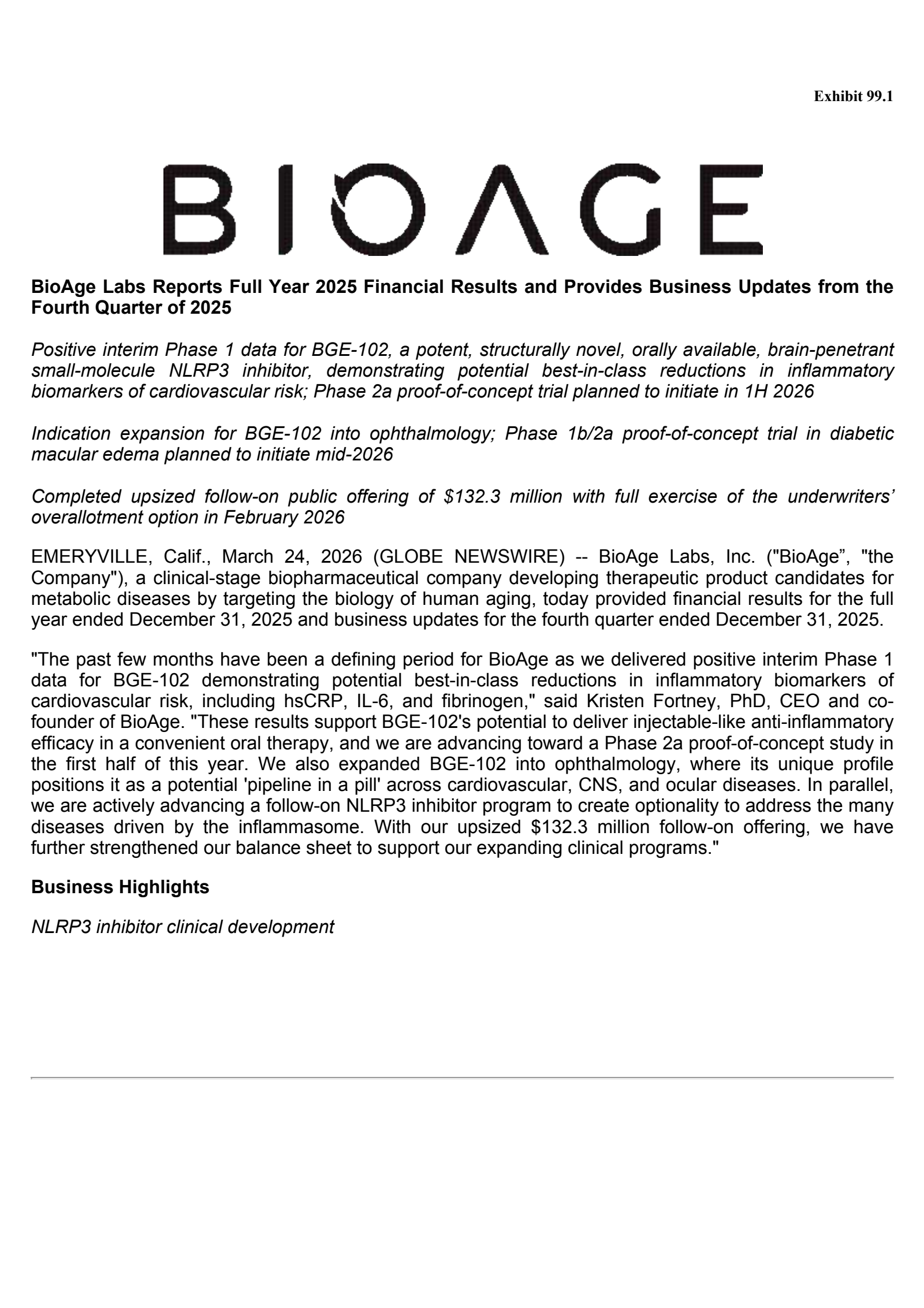 BioAge Labs' Q4 2025 Press Release