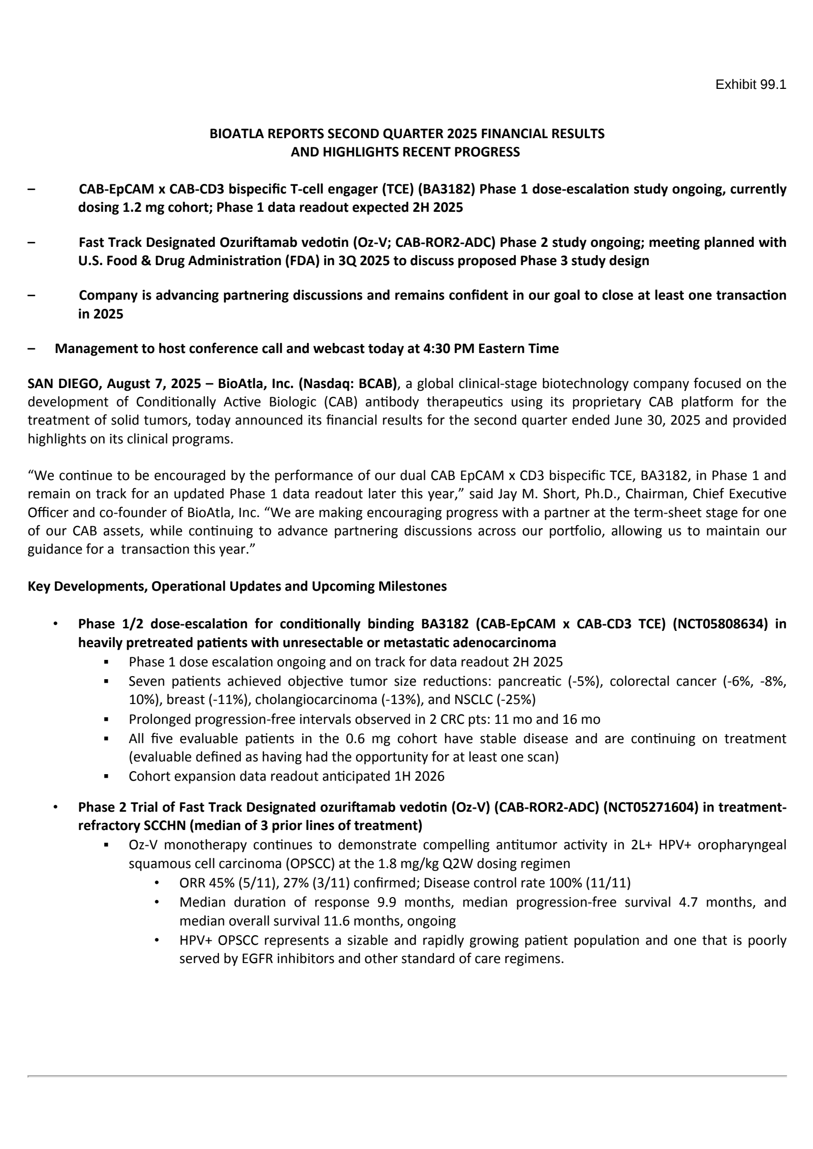 BioAtla's Q2 2025 Press Release