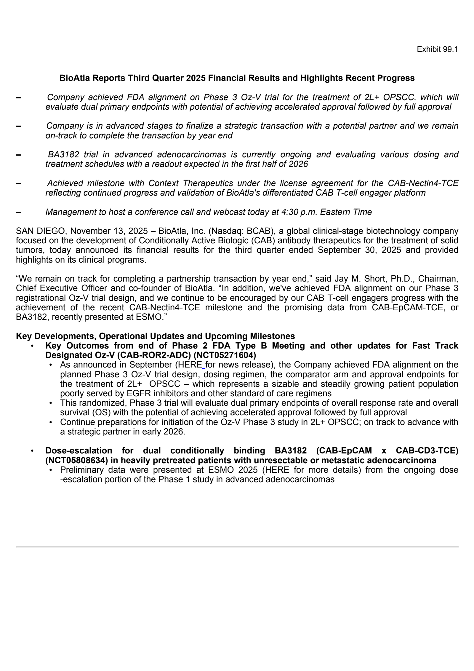 BioAtla's Q3 2025 Earnings Release