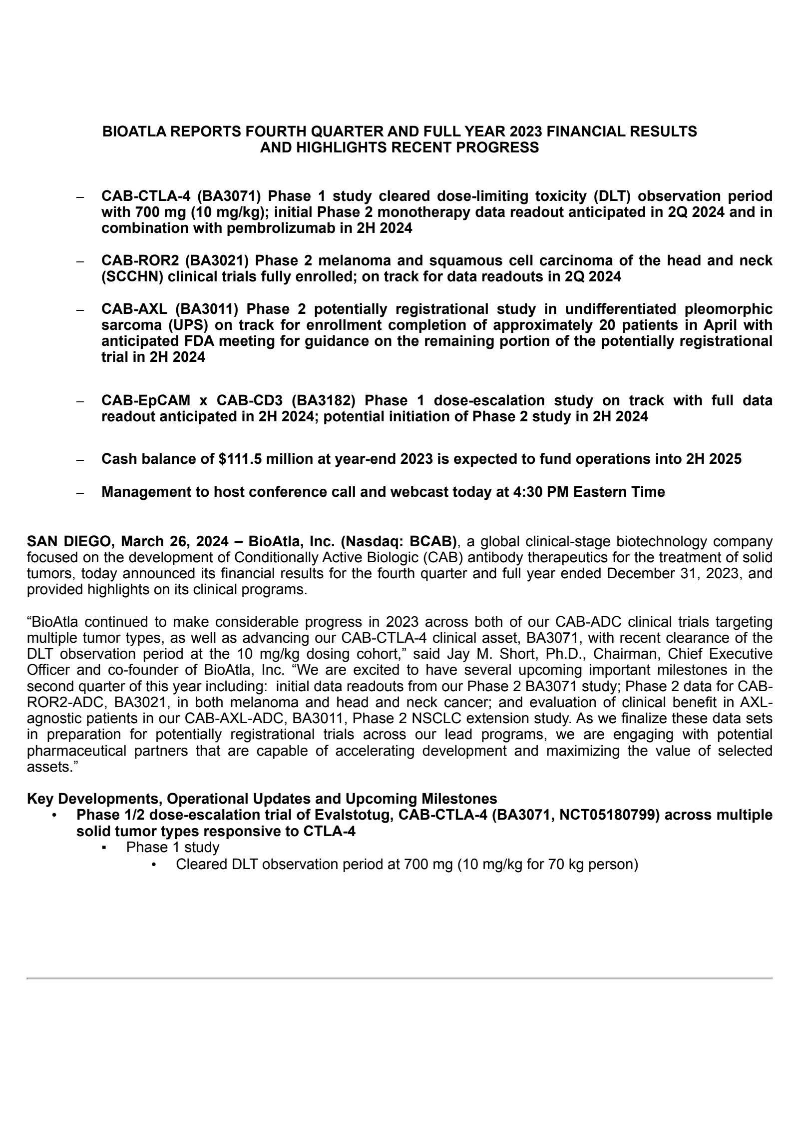 BioAtla's Q4 2023 Press Release
