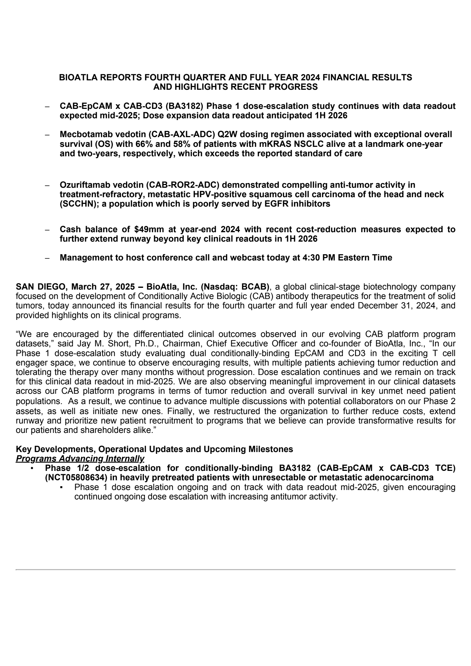 BioAtla's Q4 2024 Press Release