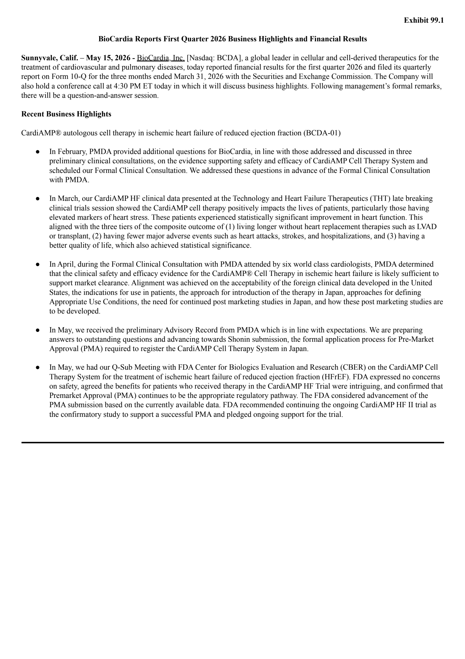BioCardia's Q1 2026 Press Release