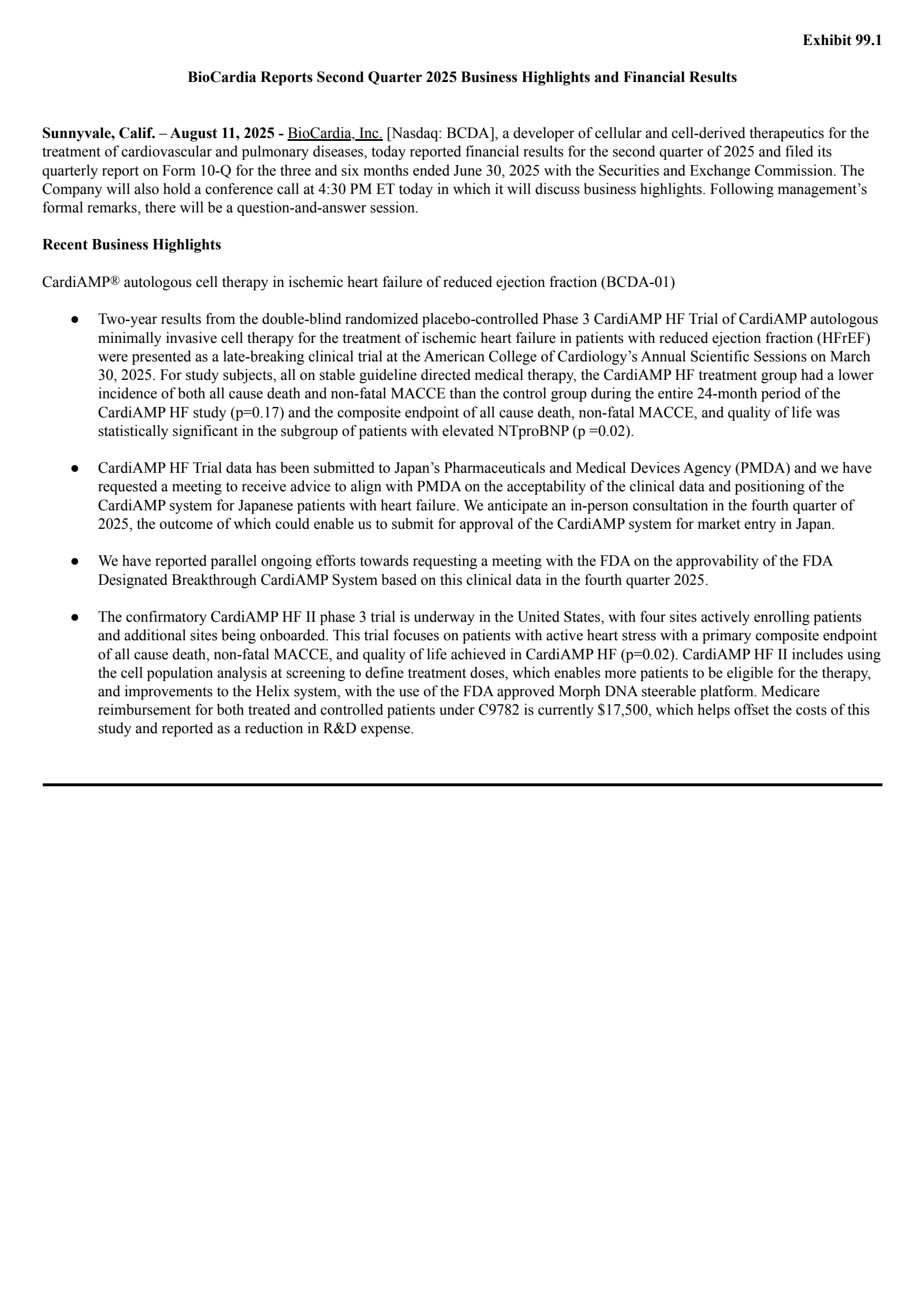 BioCardia's Q2 2025 Press Release