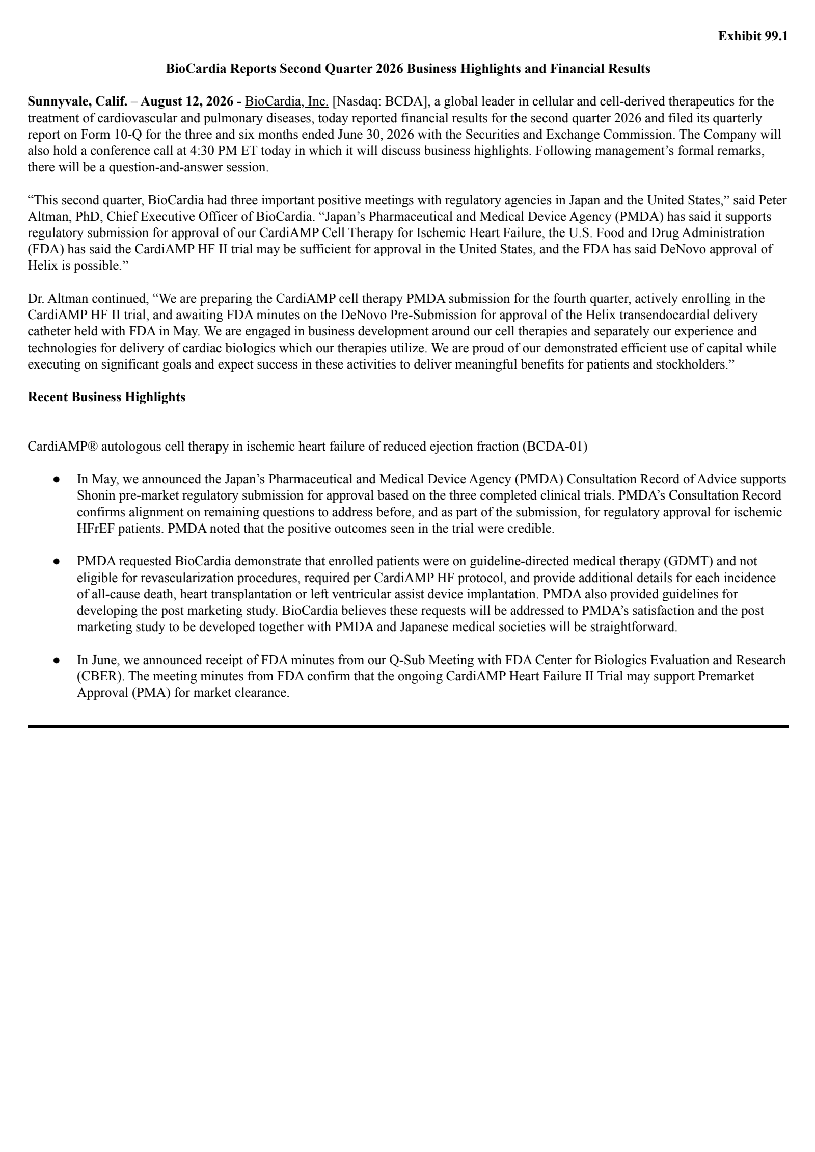 BioCardia's Q2 2026 Press Release