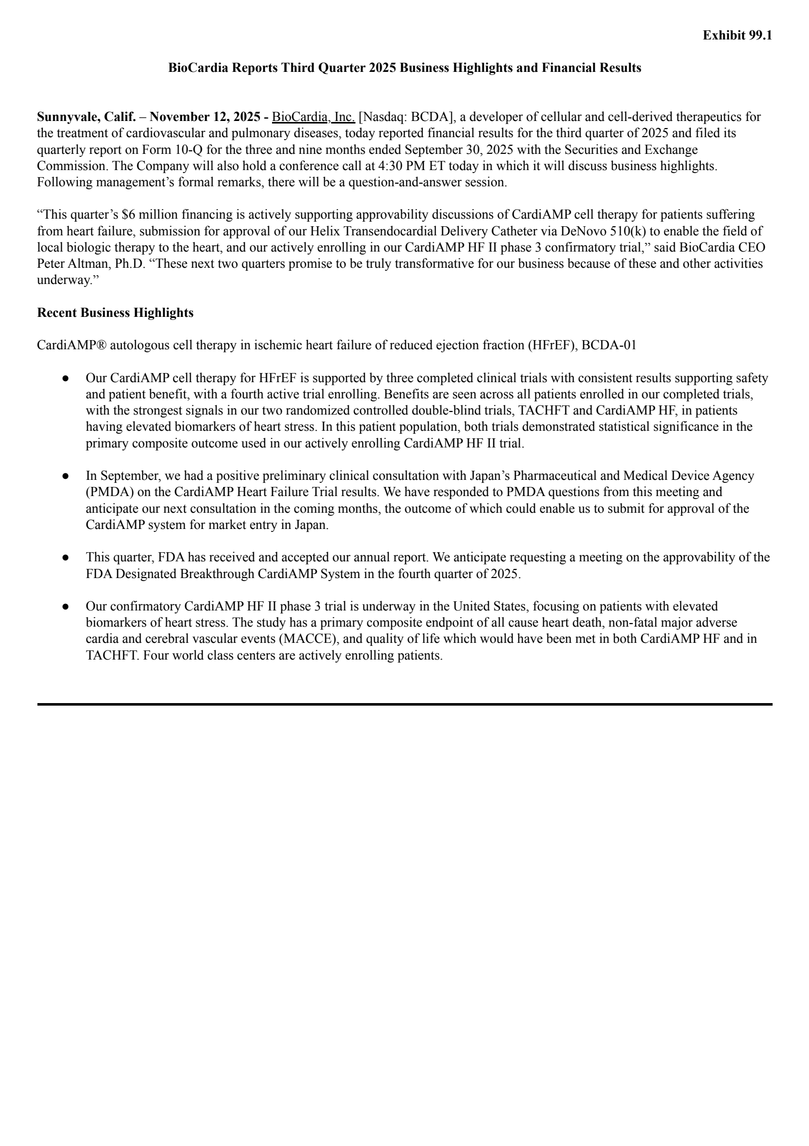 BioCardia's Q3 2025 Earnings Release