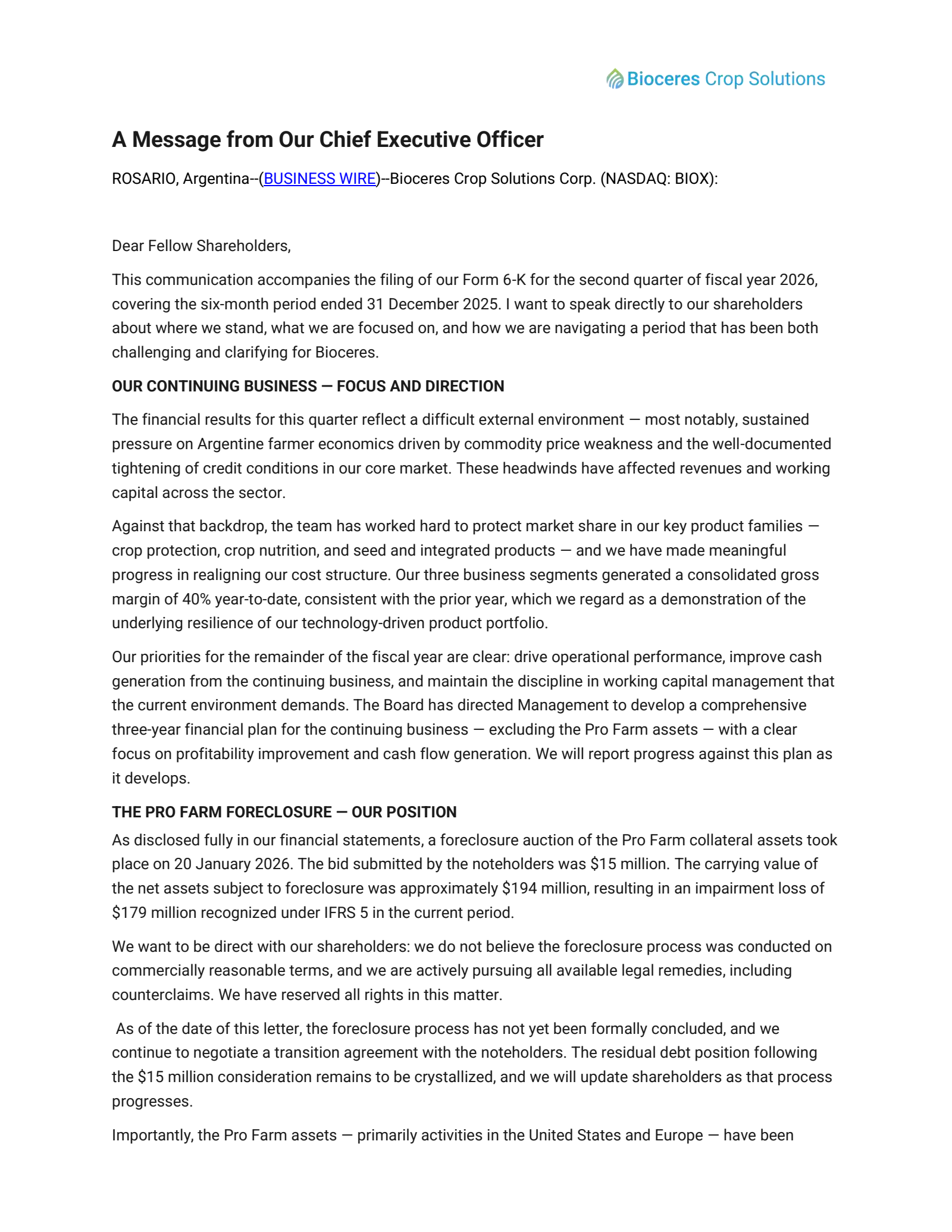 Bioceres Crop Solutions' Q2 2026 Press Release