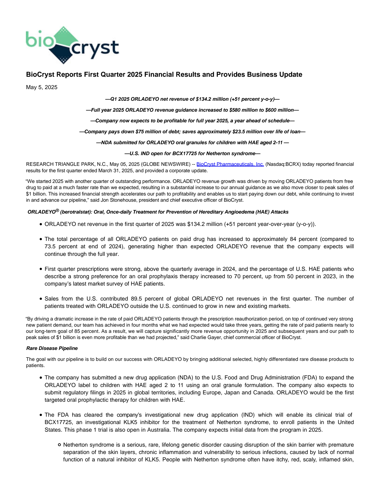 BioCryst Pharmaceuticals' Q1 2025 Press Release