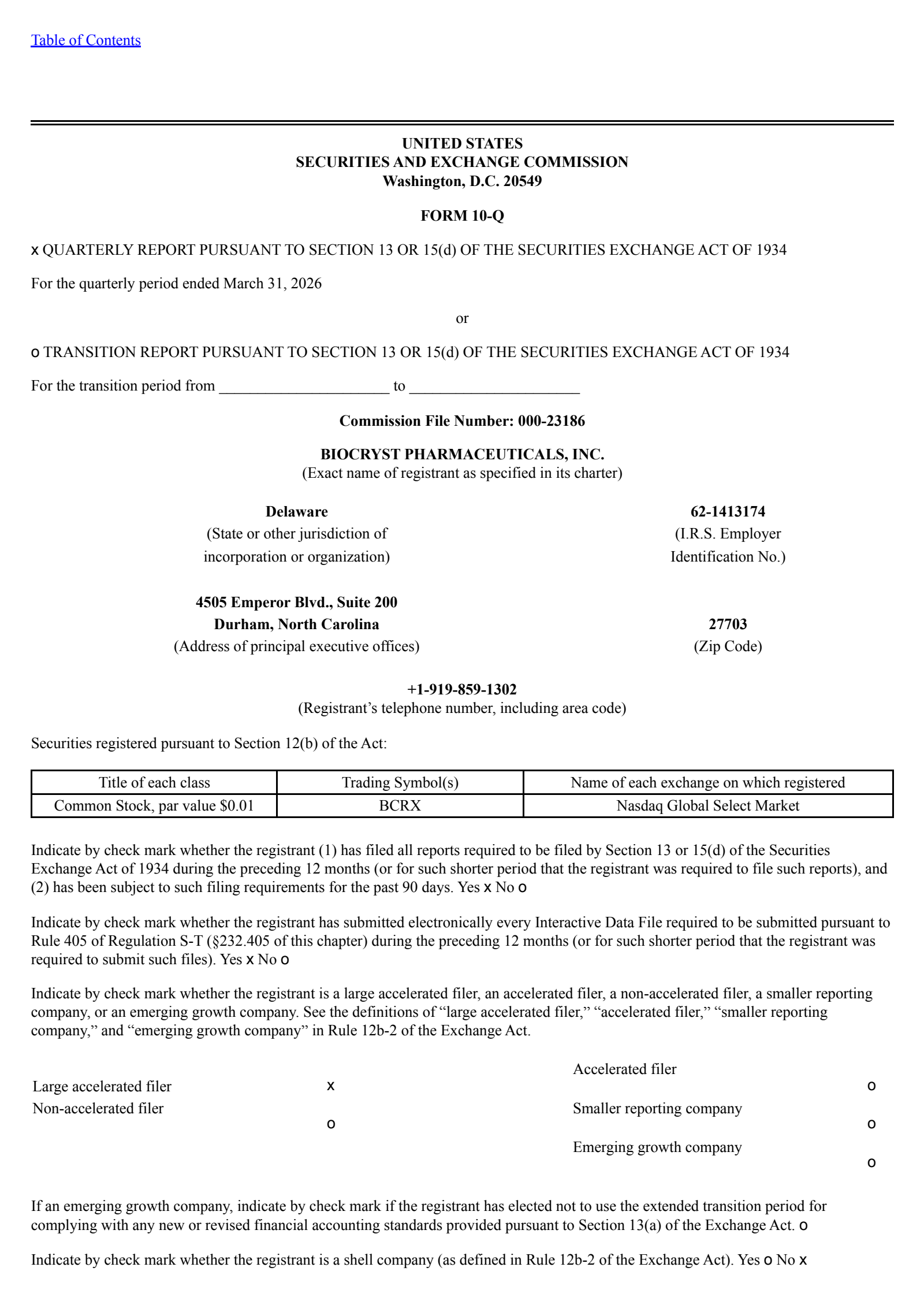 BioCryst Pharmaceuticals' Q1 2026 Quarterly report