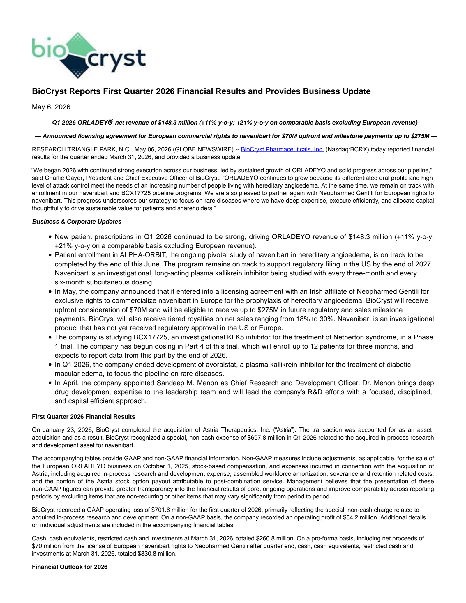 BioCryst Pharmaceuticals' Q1 2026 Press Release