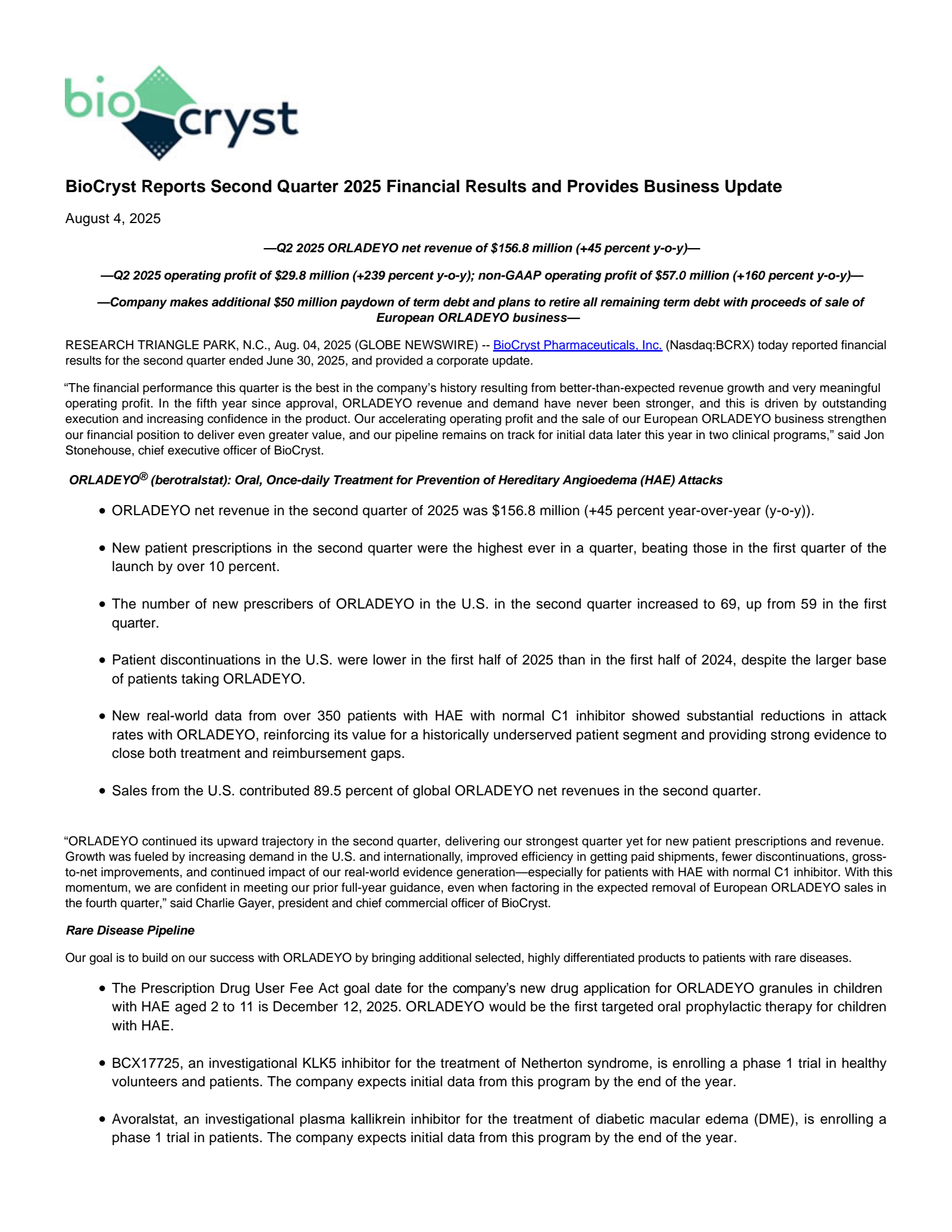 BioCryst Pharmaceuticals' Q2 2025 Press Release