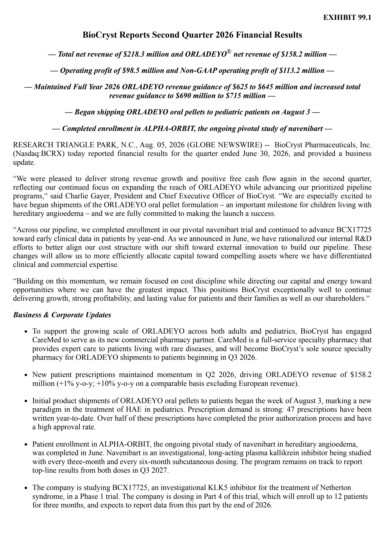 BioCryst Pharmaceuticals' Q2 2026 Press Release