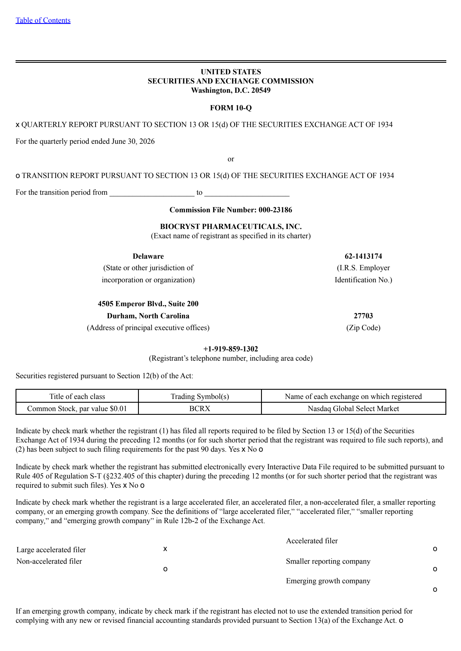 BioCryst Pharmaceuticals' Q2 2026 Quarterly report