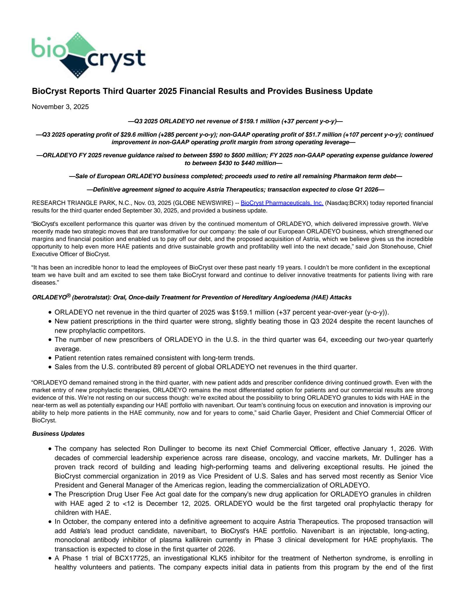 BioCryst Pharmaceuticals' Q3 2025 Earnings Release