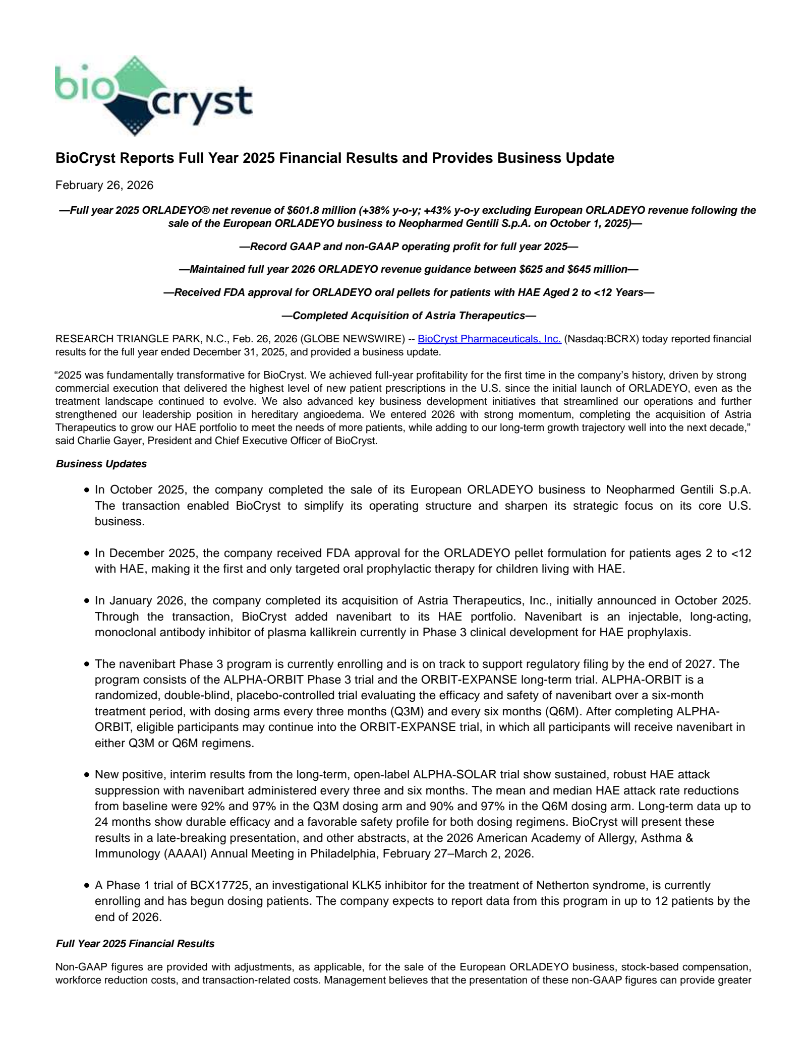 BioCryst Pharmaceuticals' Q4 2025 Press Release