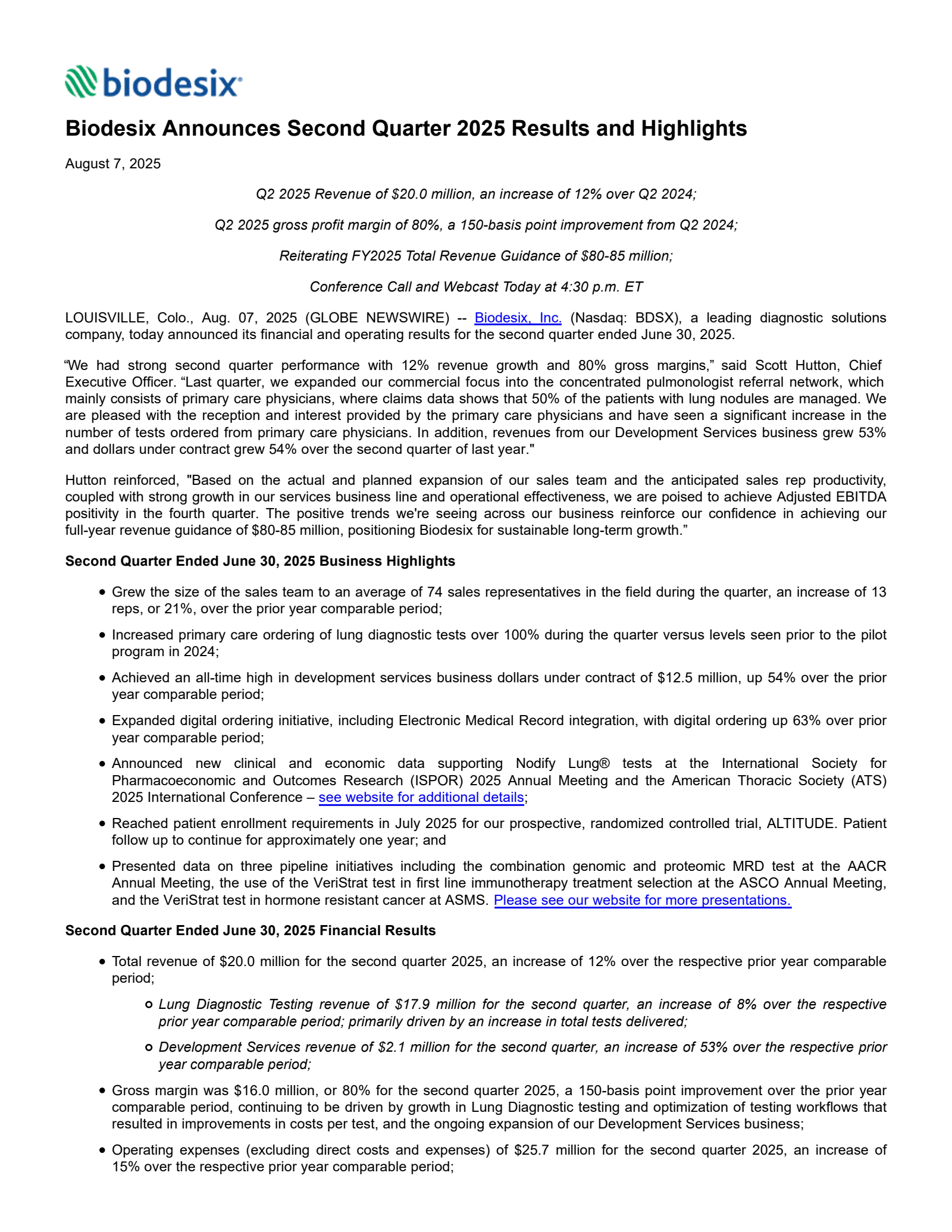 Biodesix's Q2 2025 Press Release
