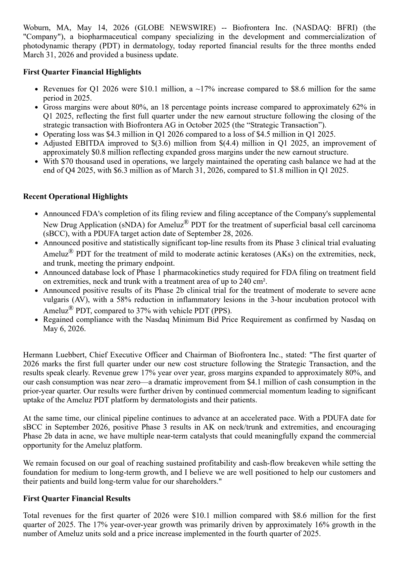 Biofrontera's Q1 2026 Press Release