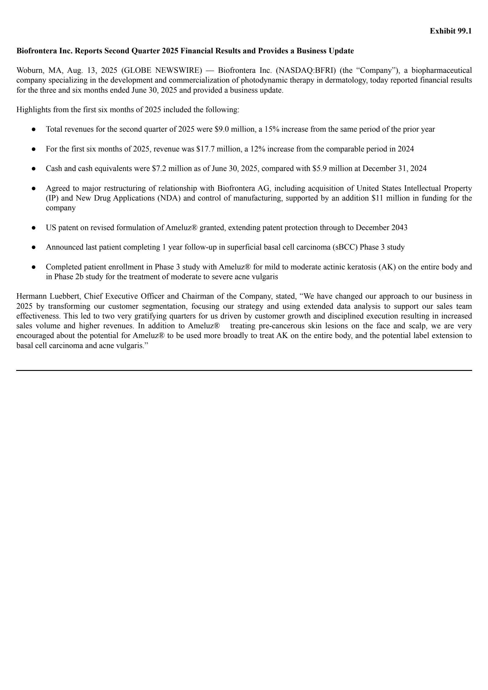 Biofrontera's Q2 2025 Press Release