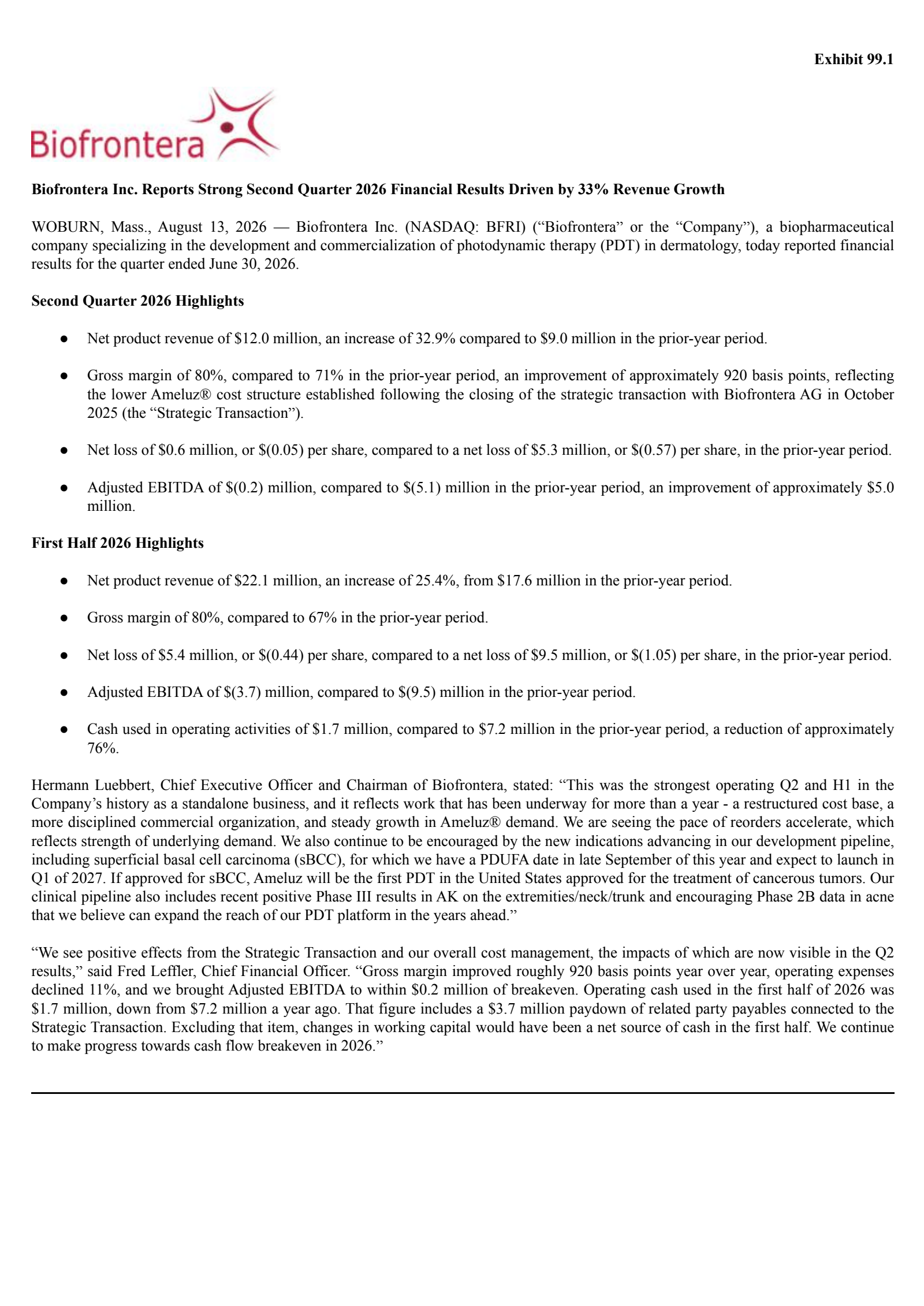 Biofrontera's Q2 2026 Press Release