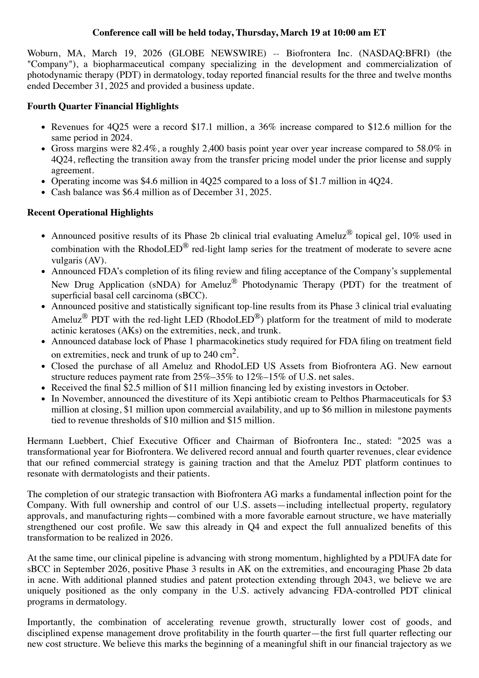 Biofrontera's Q4 2025 Press Release