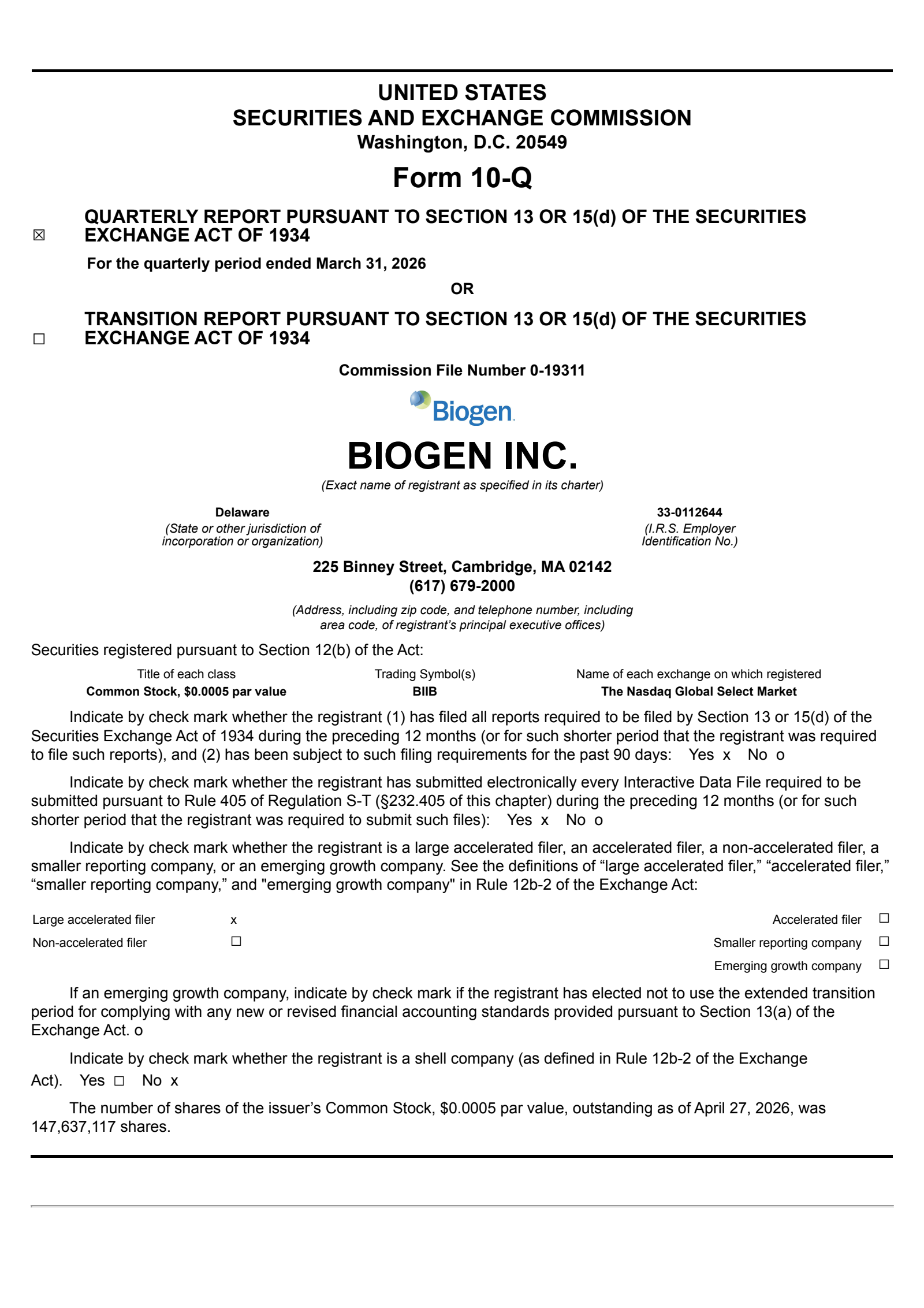 Biogen's Q1 2026 Quarterly report