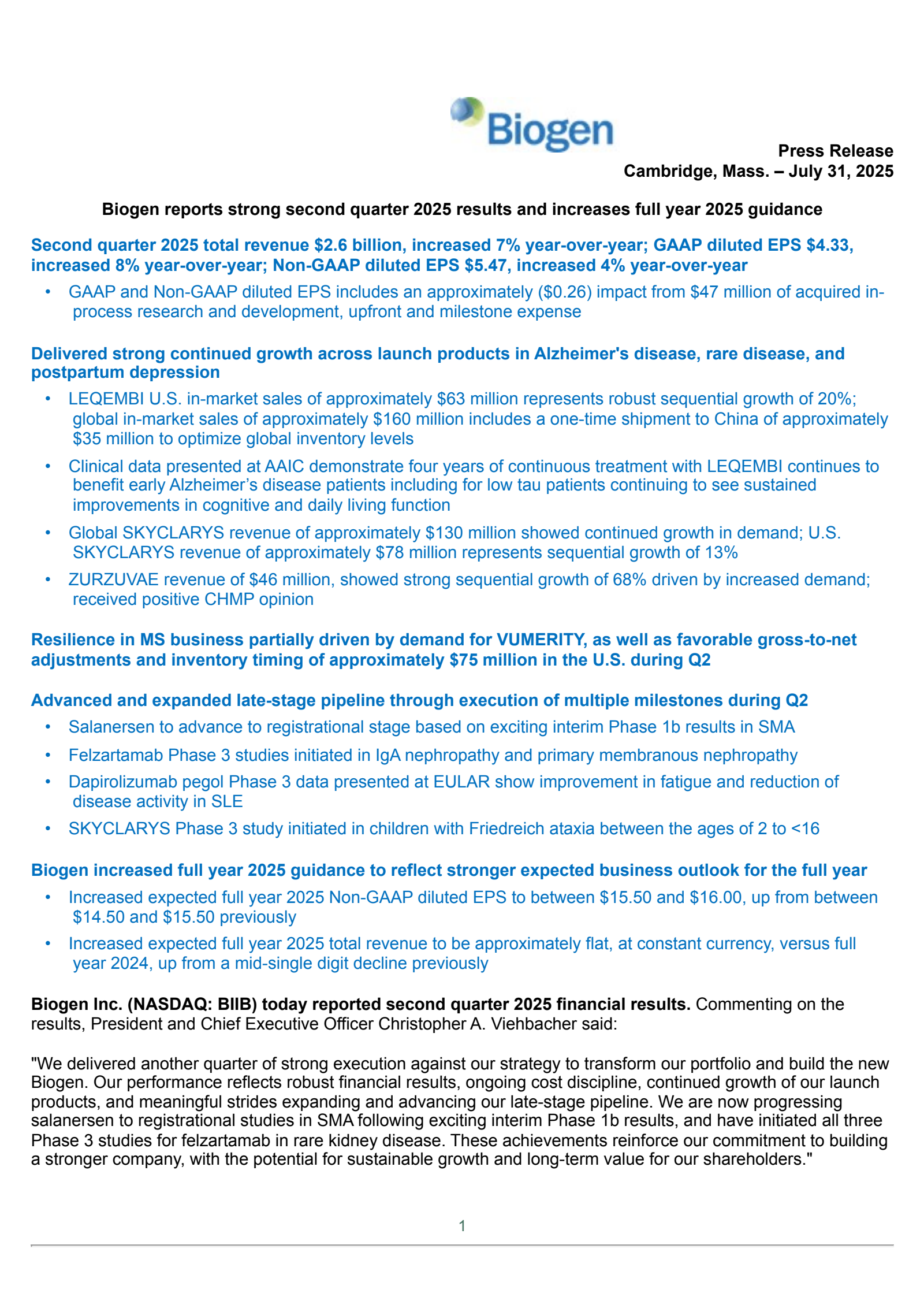 Biogen's Q2 2025 Press Release